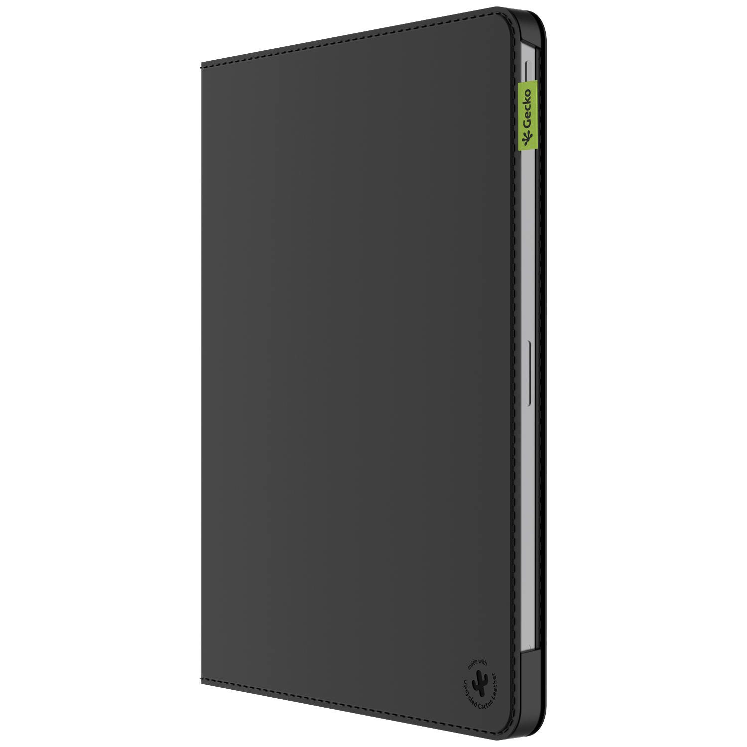 A black tablet case with visible stitching, a green 'Gecko' tag, and a 'recycled cactus leather' logo.