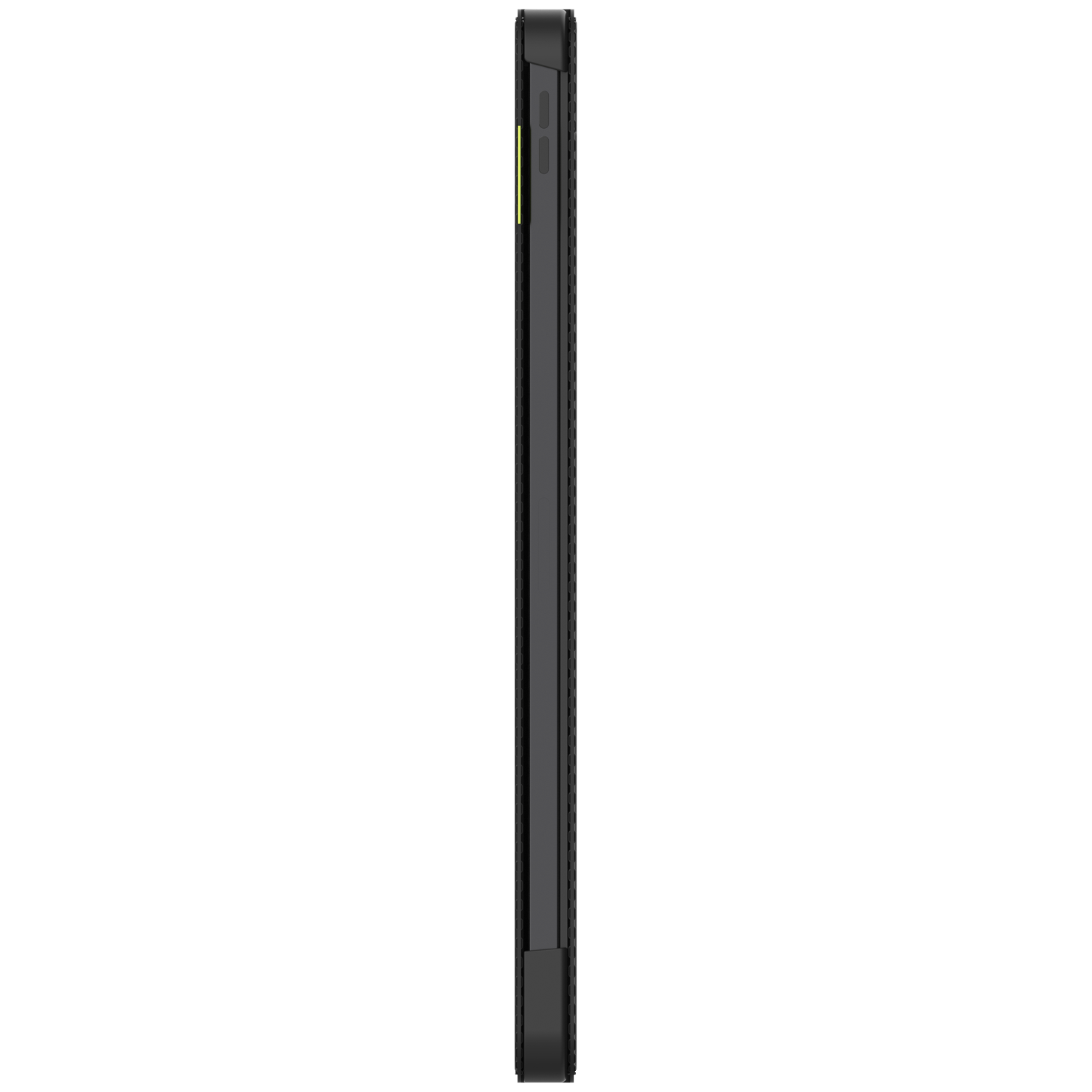 Side view of a black phone case. The case has a textured surface and yellow accent. Buttons are visible on the side.