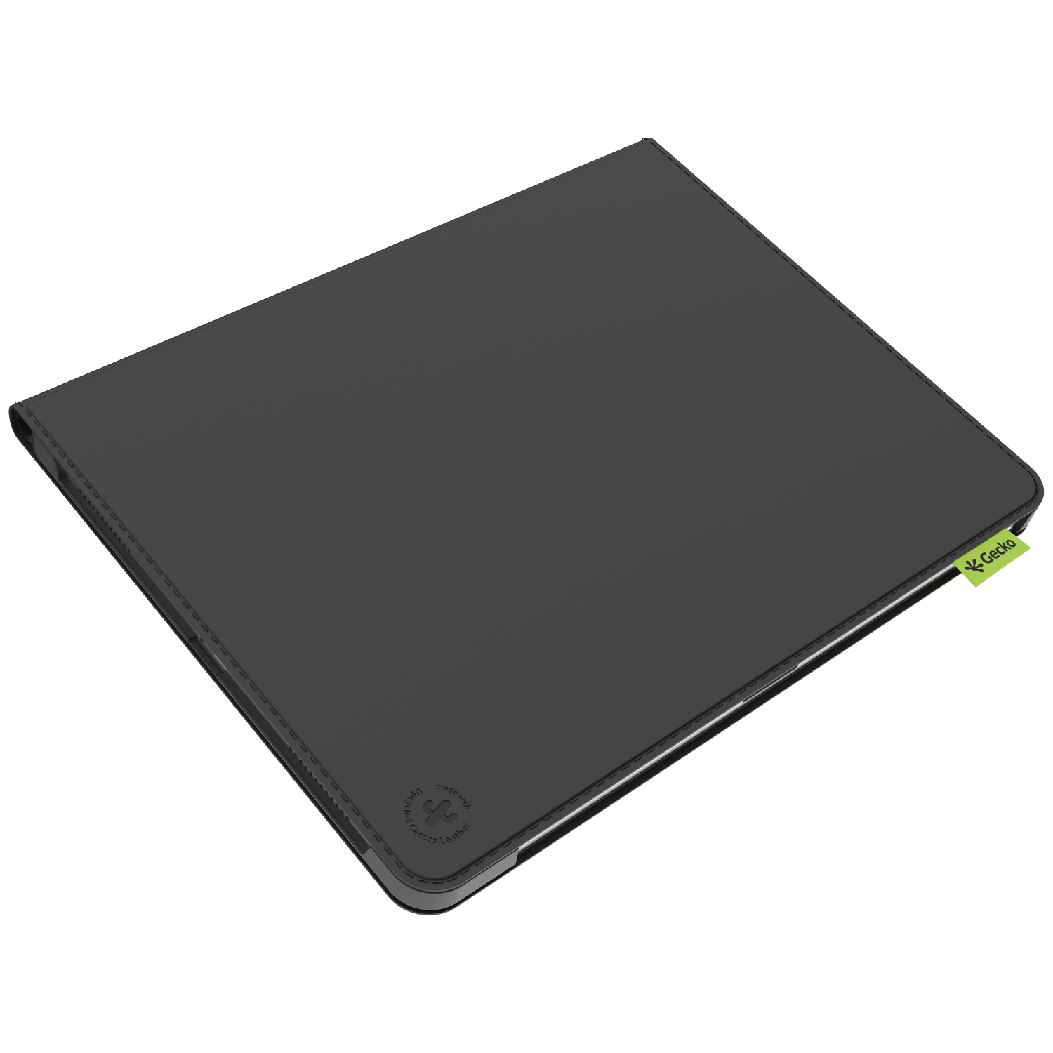 A closed, dark grey tablet case. The Gecko logo is visible. The case is made with cactus leather.