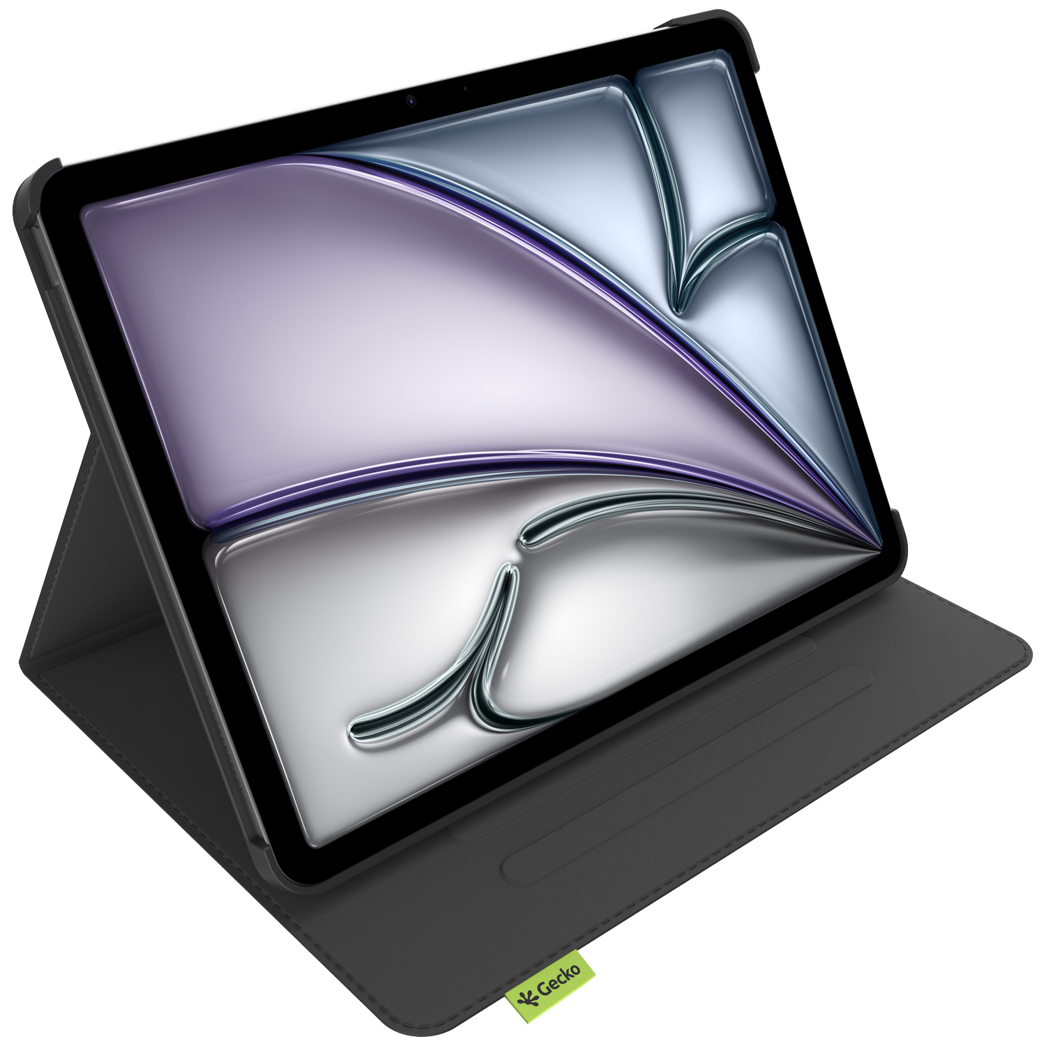 Tablet in a black case, open to display a reflective, abstract design in purple and silver, resting on a black surface.