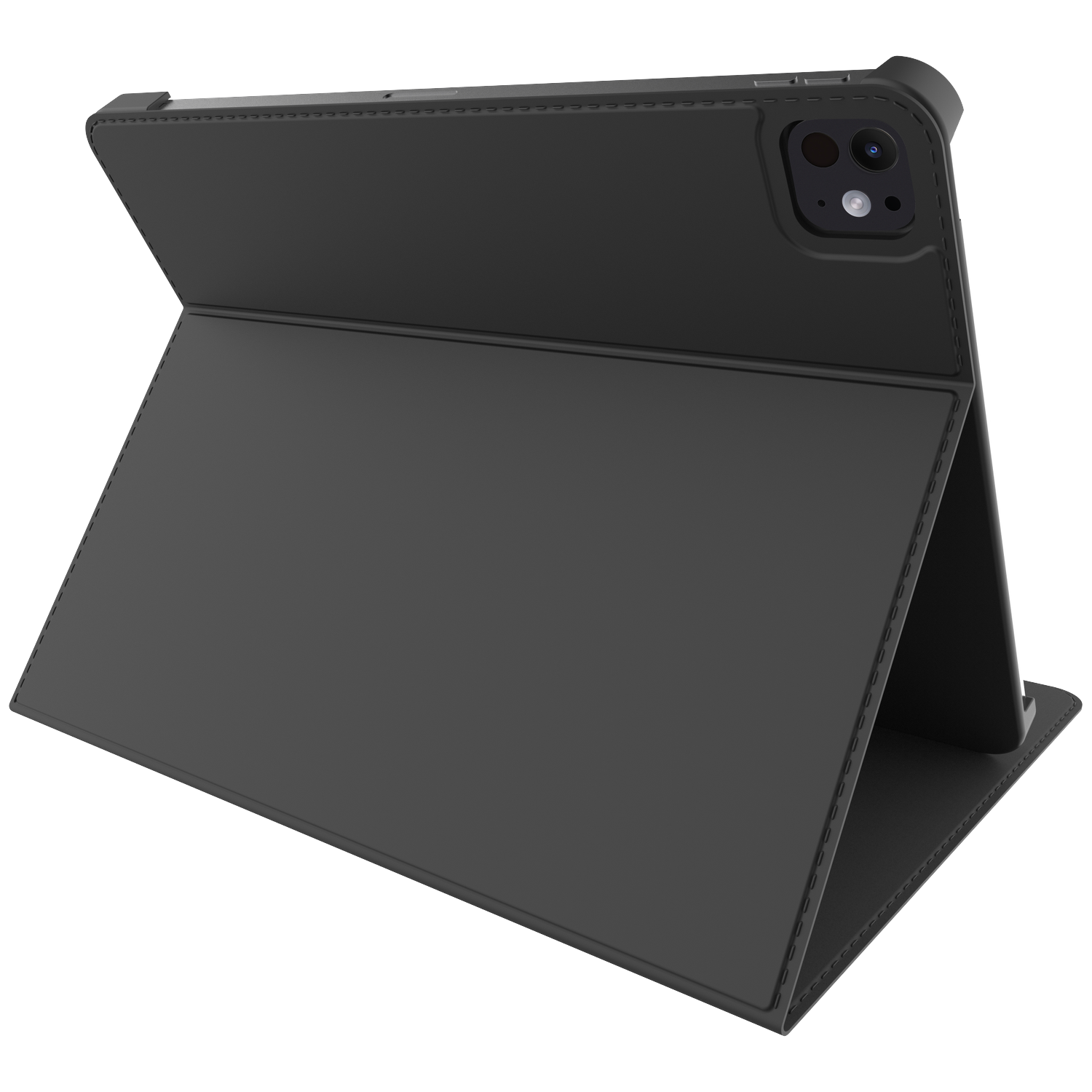 A black tablet in a dark gray case. The tablet is propped up, showing the back with cameras. The case has visible stitching.