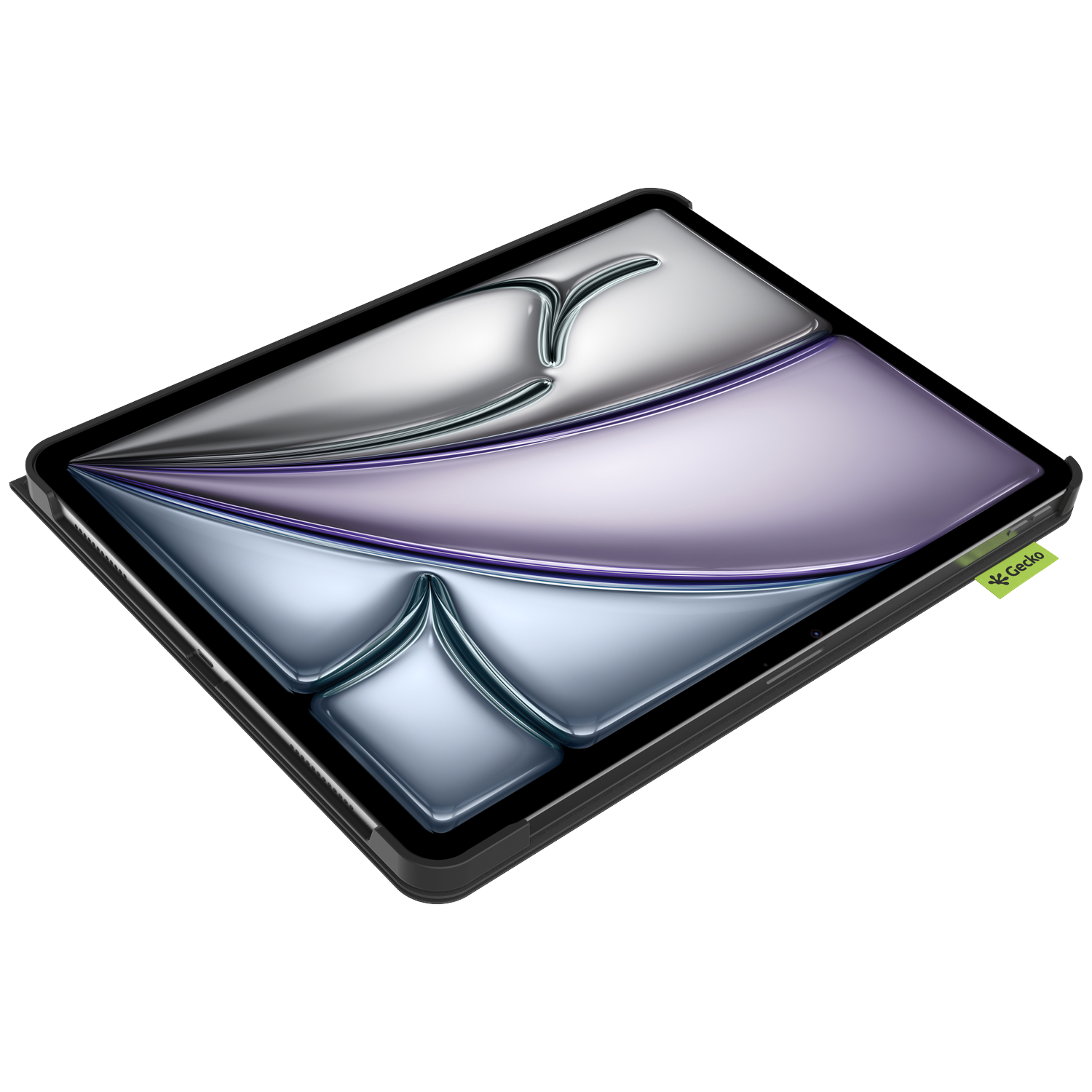 Tablet in a black case. The screen has a design with silver, purple, and blue curved shapes. A green tag with text is on the side.