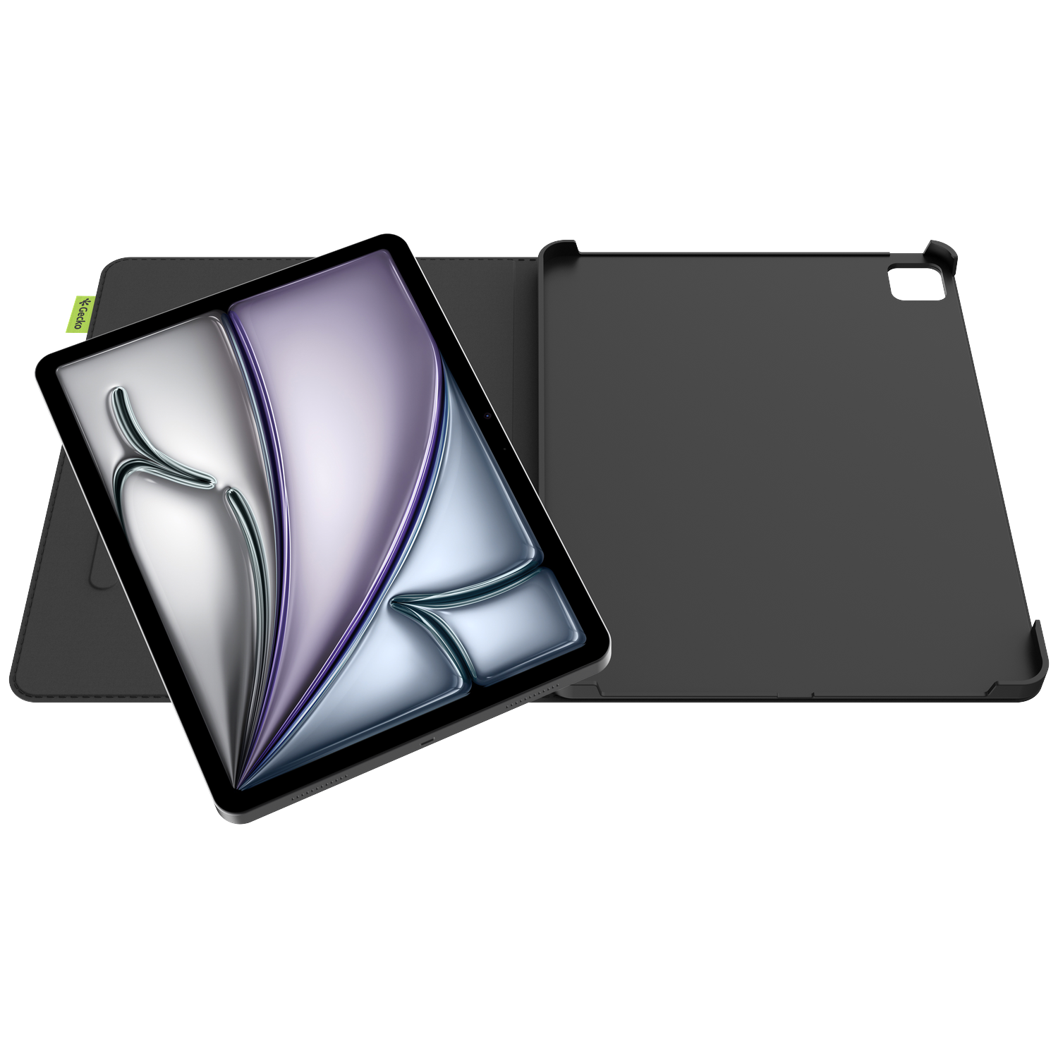 An open black tablet case with a tablet inside. The tablet's screen shows abstract shapes in silver, white, and purple.