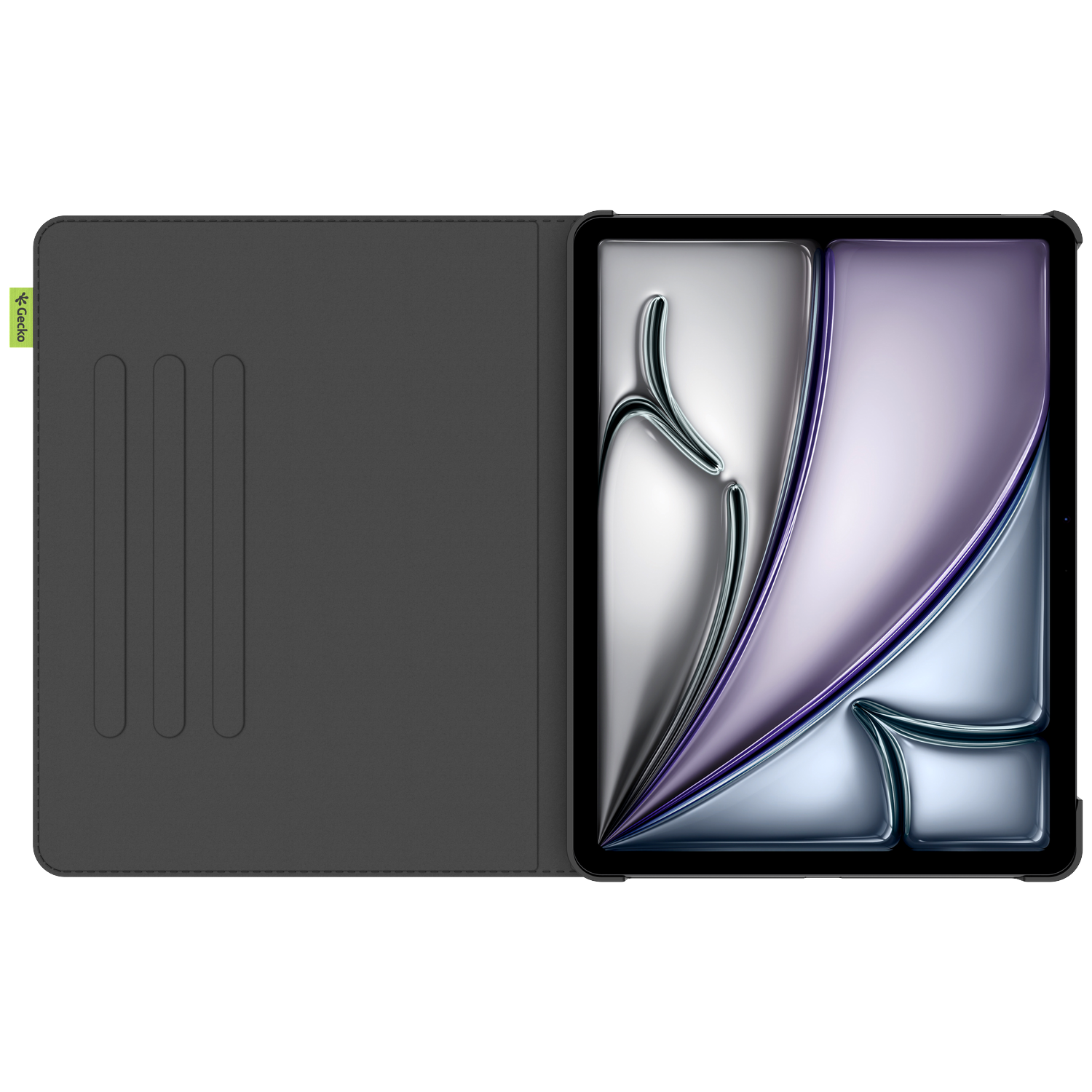 A tablet inside a dark gray case, opened. The tablet screen has a reflective, curved design with silver and purple hues.
