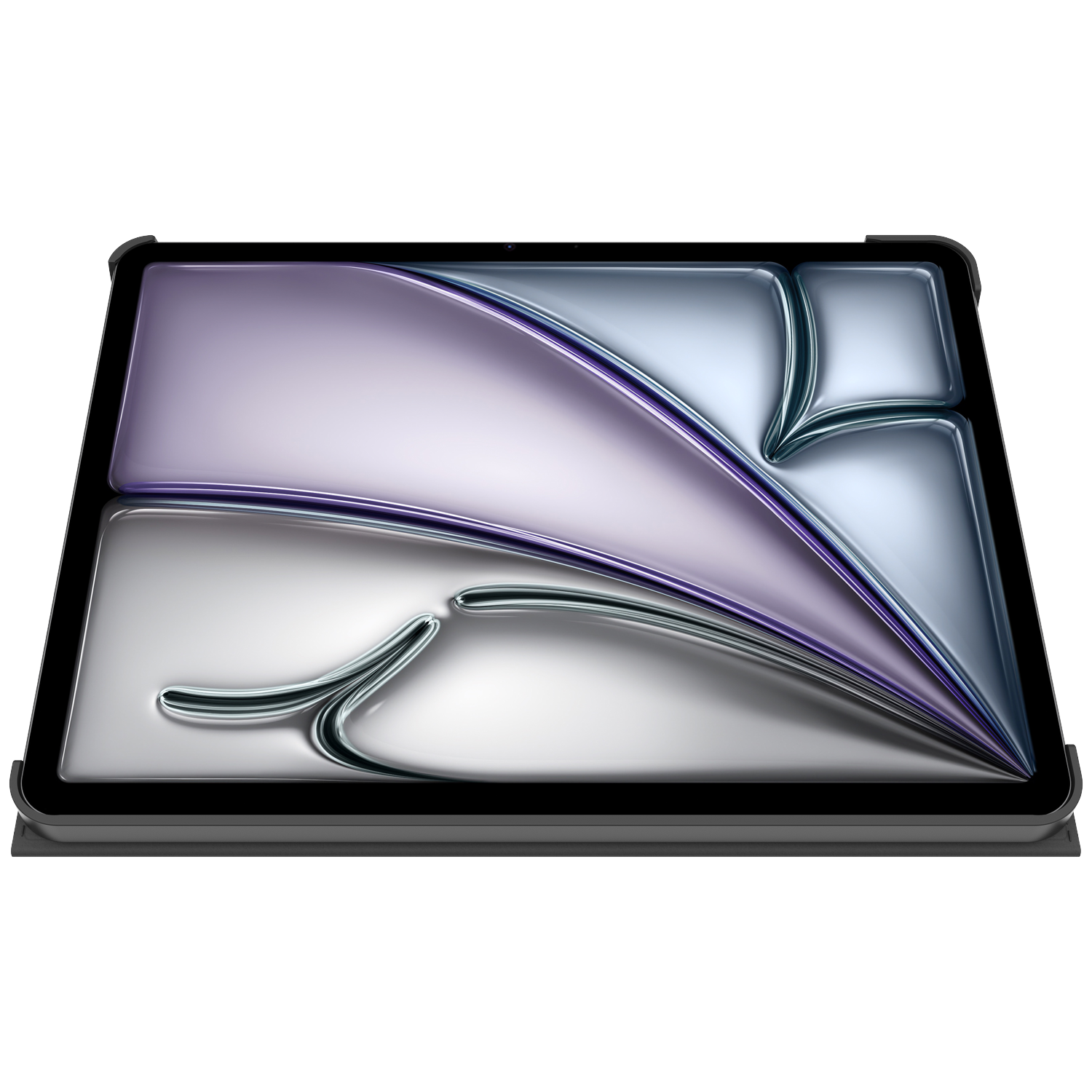 A tablet with a colorful abstract design on the screen. The design features flowing shapes in silver, purple, and blue tones.