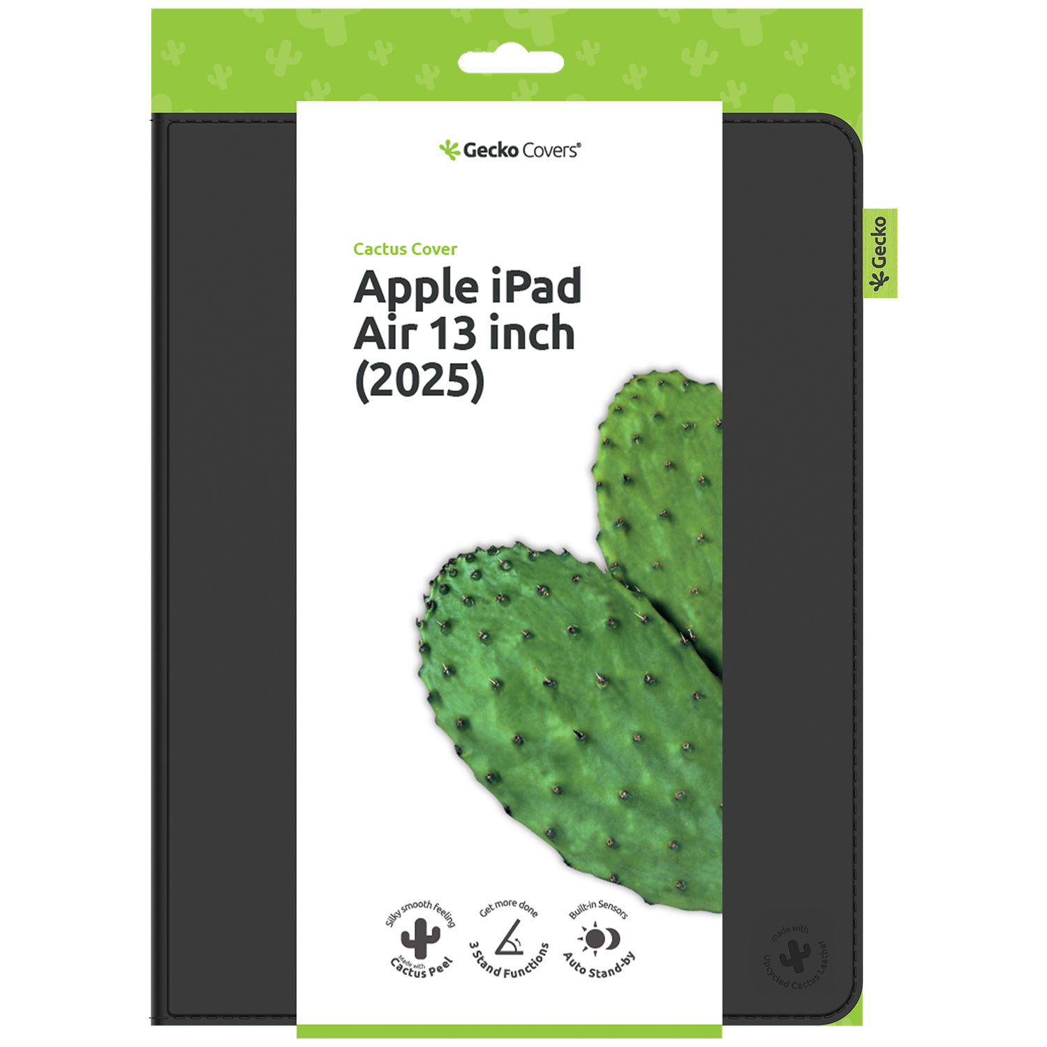 A black iPad case with a green cactus design. The package says 'Apple iPad Air 13 inch (2025)' with Gecko Covers branding.