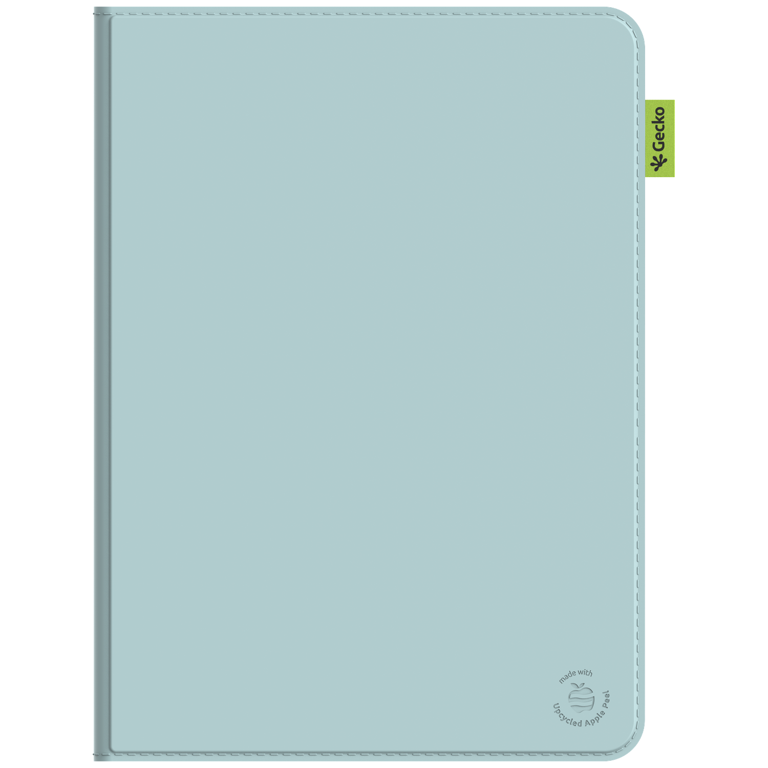 A light blue tablet case. It has a Gecko tag, and an 'upcycled apple peel' logo. The case is closed with a stitched border.