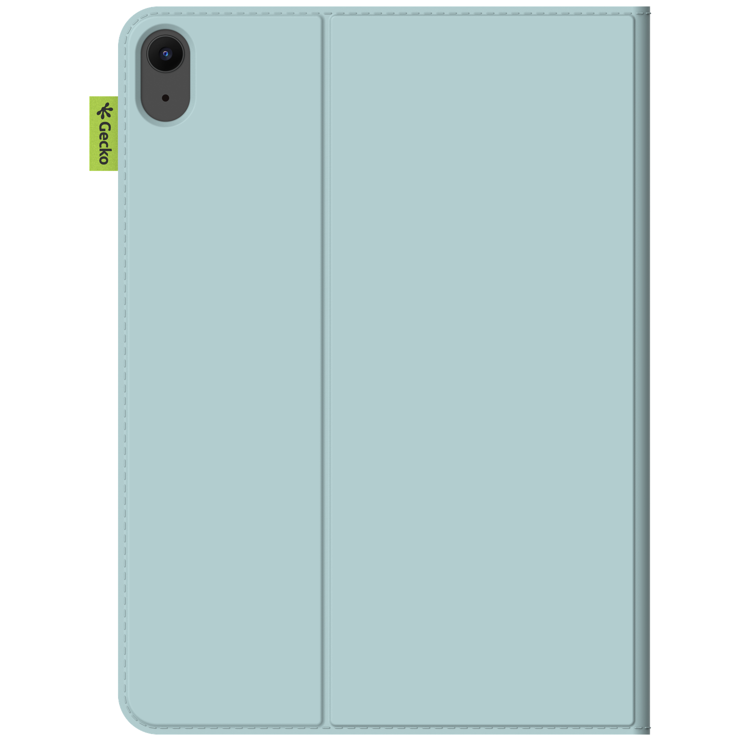 A light blue tablet case with a camera and a green Gecko logo. The case is closed. White background.