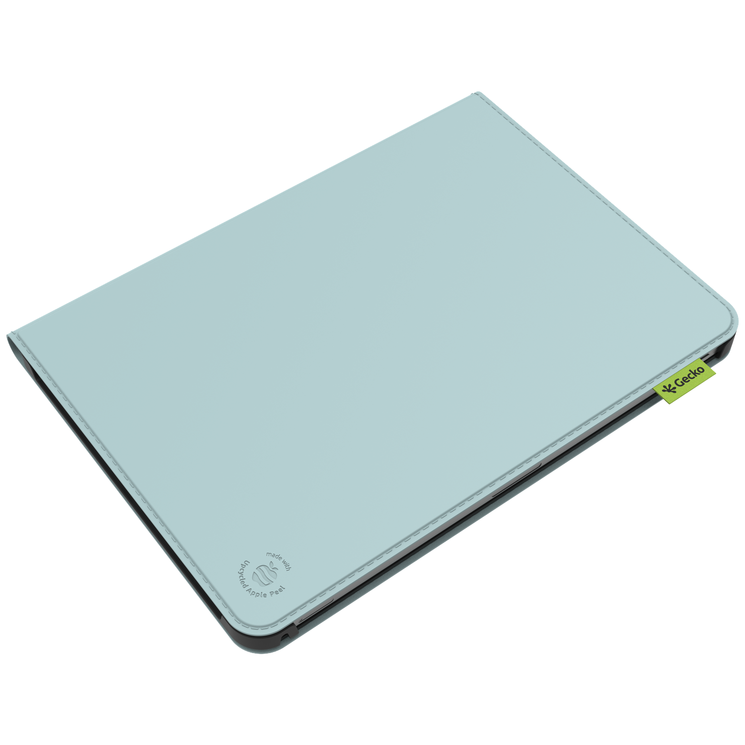 A light blue tablet case with a dark border. The case has stitching around the edges, and a green Gecko tag.