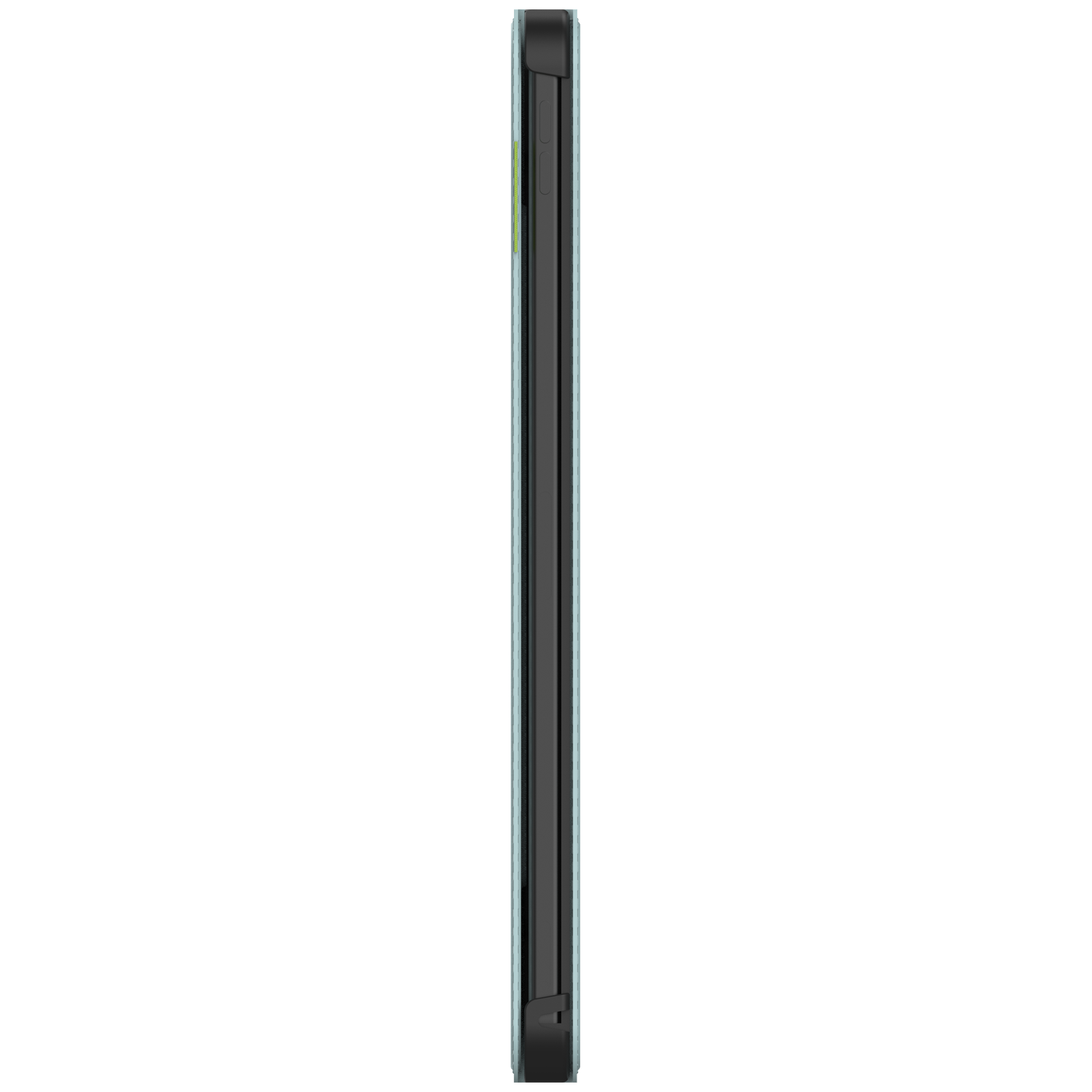 Side view of a mint green and black smartphone. The phone is vertical, with a black border and a textured back.
