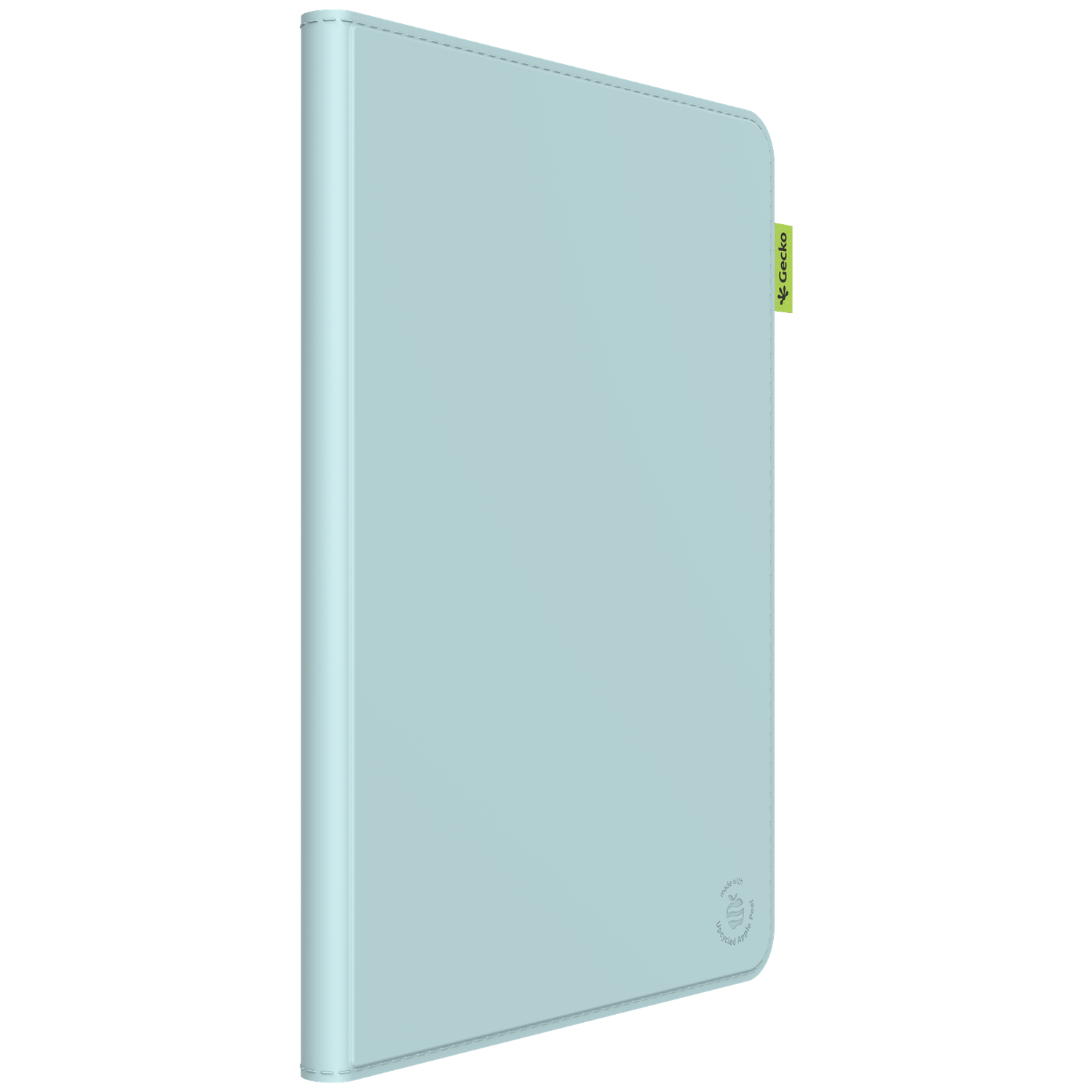 A light blue tablet case with a green Gecko tag. The case is closed. It has a stitched border and an apple logo.