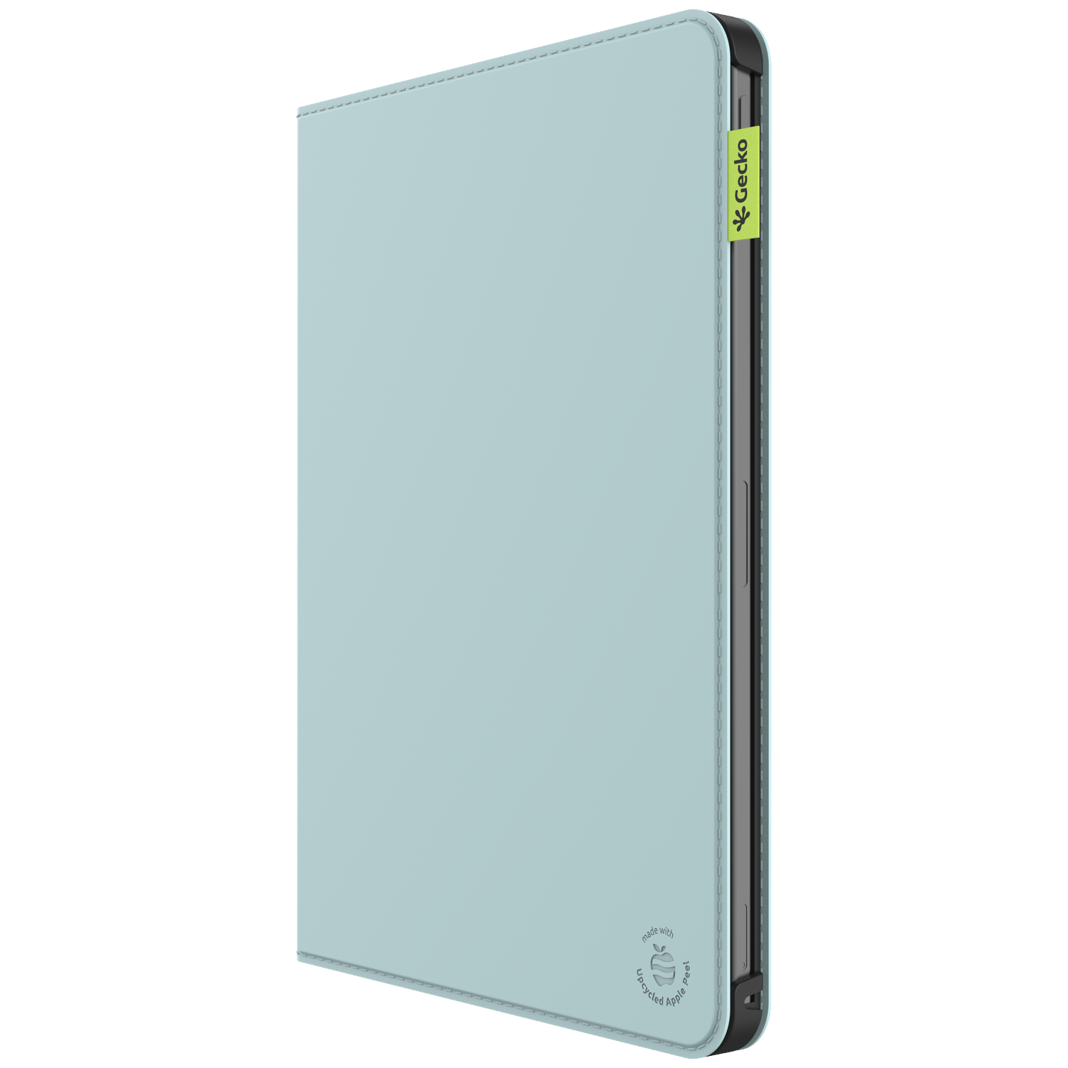A light blue tablet case with a black frame. It has a Gecko logo and a 'Made with Upcycled Apple Peel' label.