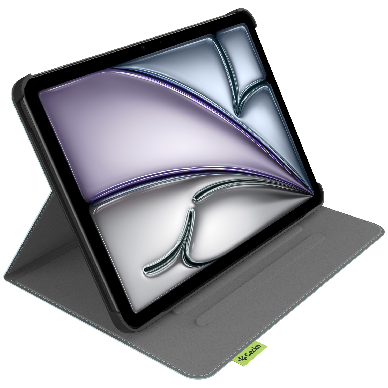 Tablet in a gray case. The screen displays a metallic design. The case is open, showing the screen and the Gecko logo.