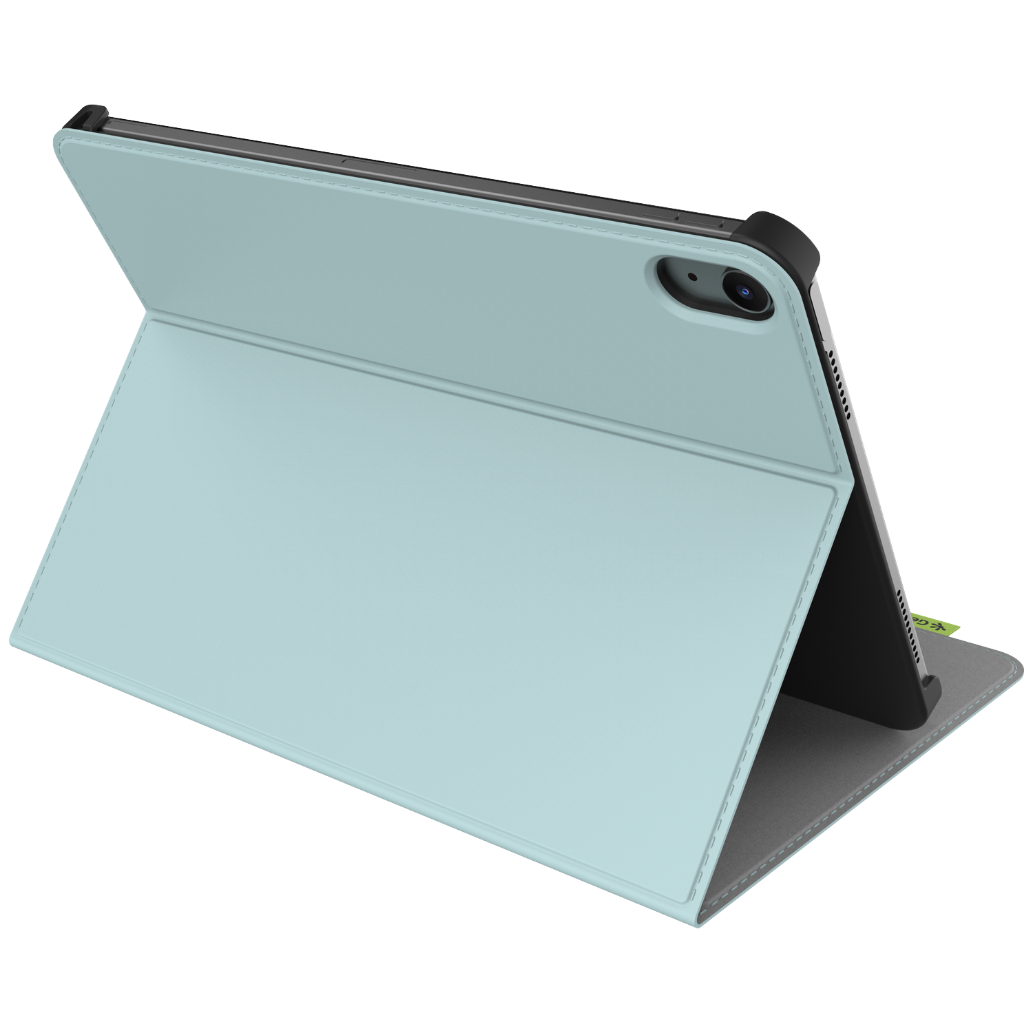 An open light blue tablet case. The tablet is black. The case has a gray base and a light blue cover.