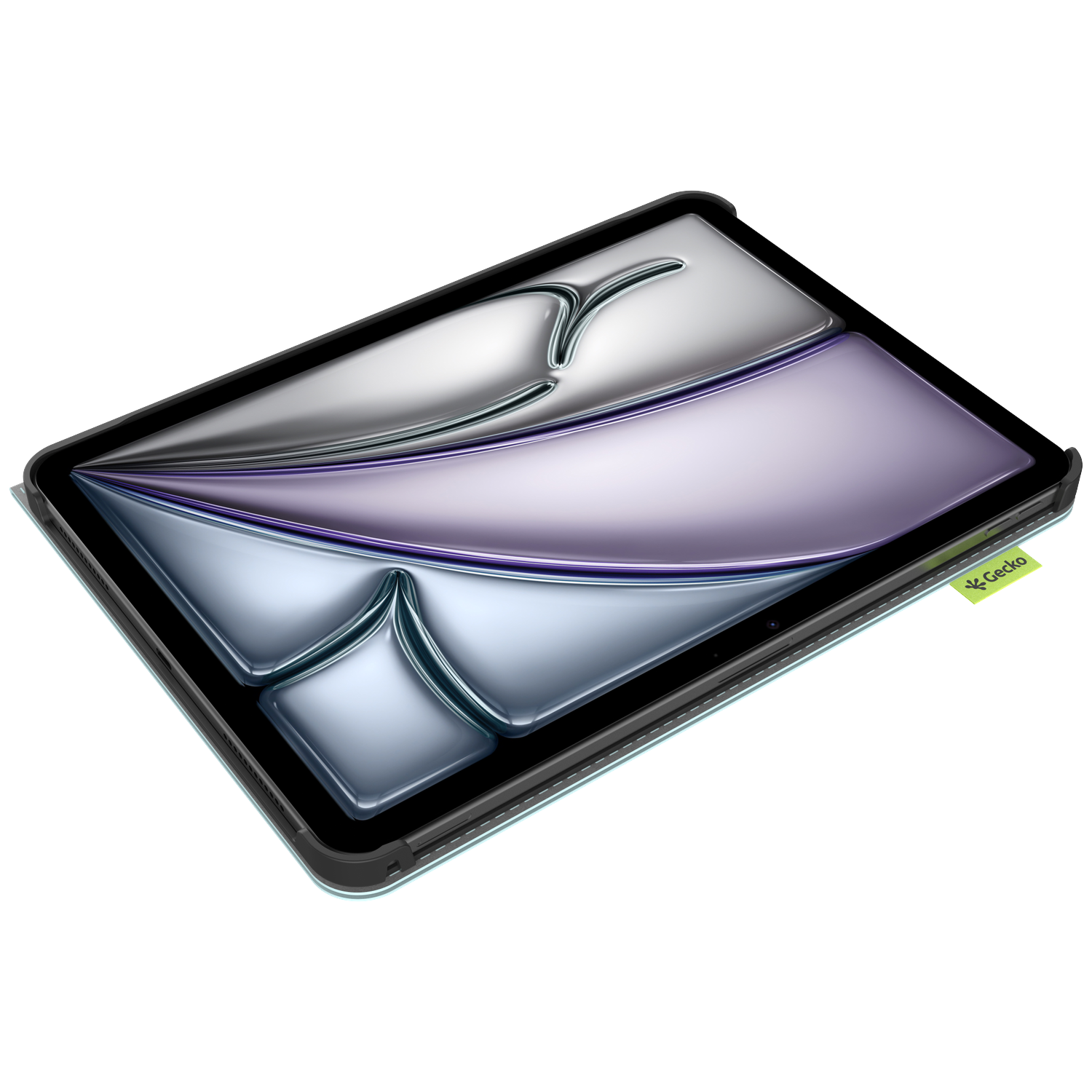 A tablet in a case. The screen has a silver and purple design. The case is black, and the edges are green.