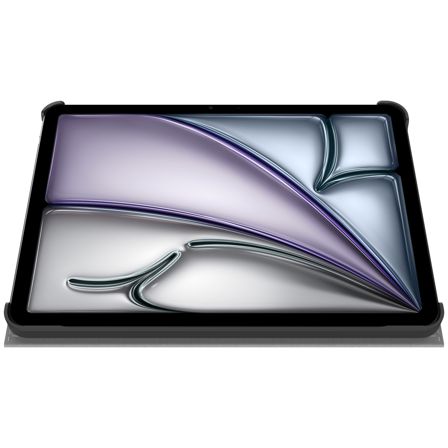 A tablet with a black frame, featuring a stylized design with purple and silver sections on a white background.