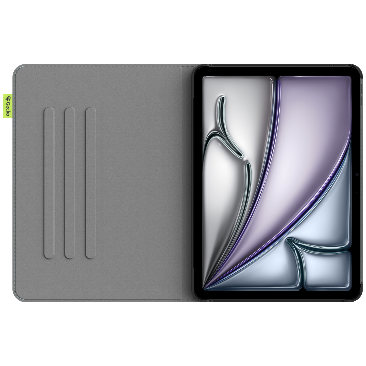 Tablet in a grey case. Tablet is open, screen showing silver and purple gradient. Case has three slots for cards.