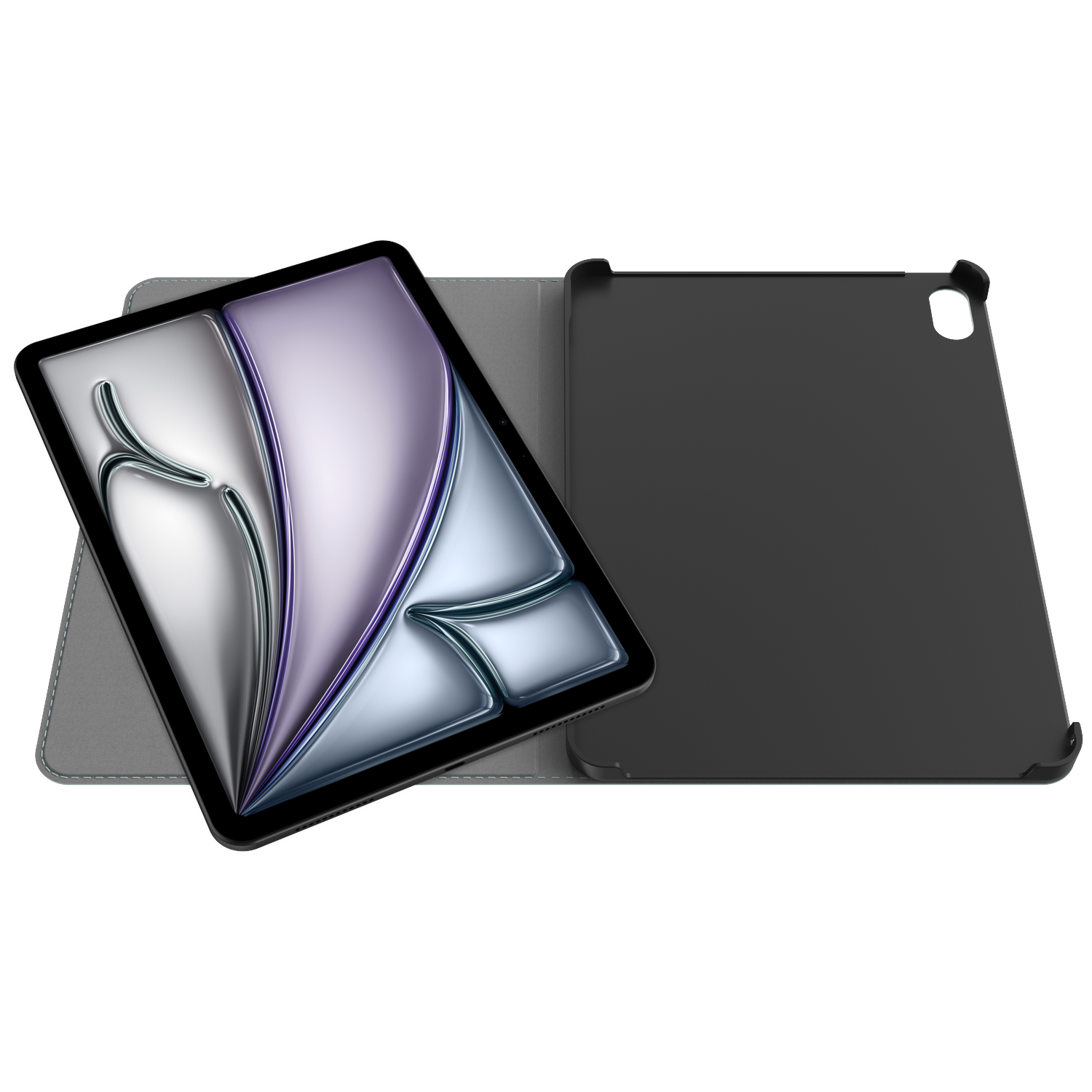 Tablet in a black case, open. Display shows an abstract design with silver and purple colors. Gray case background.