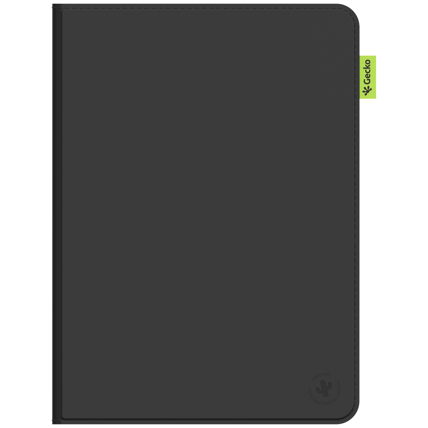 Black tablet case with green Gecko tag. Made with Upcycled Cactus Leather logo at the bottom.
