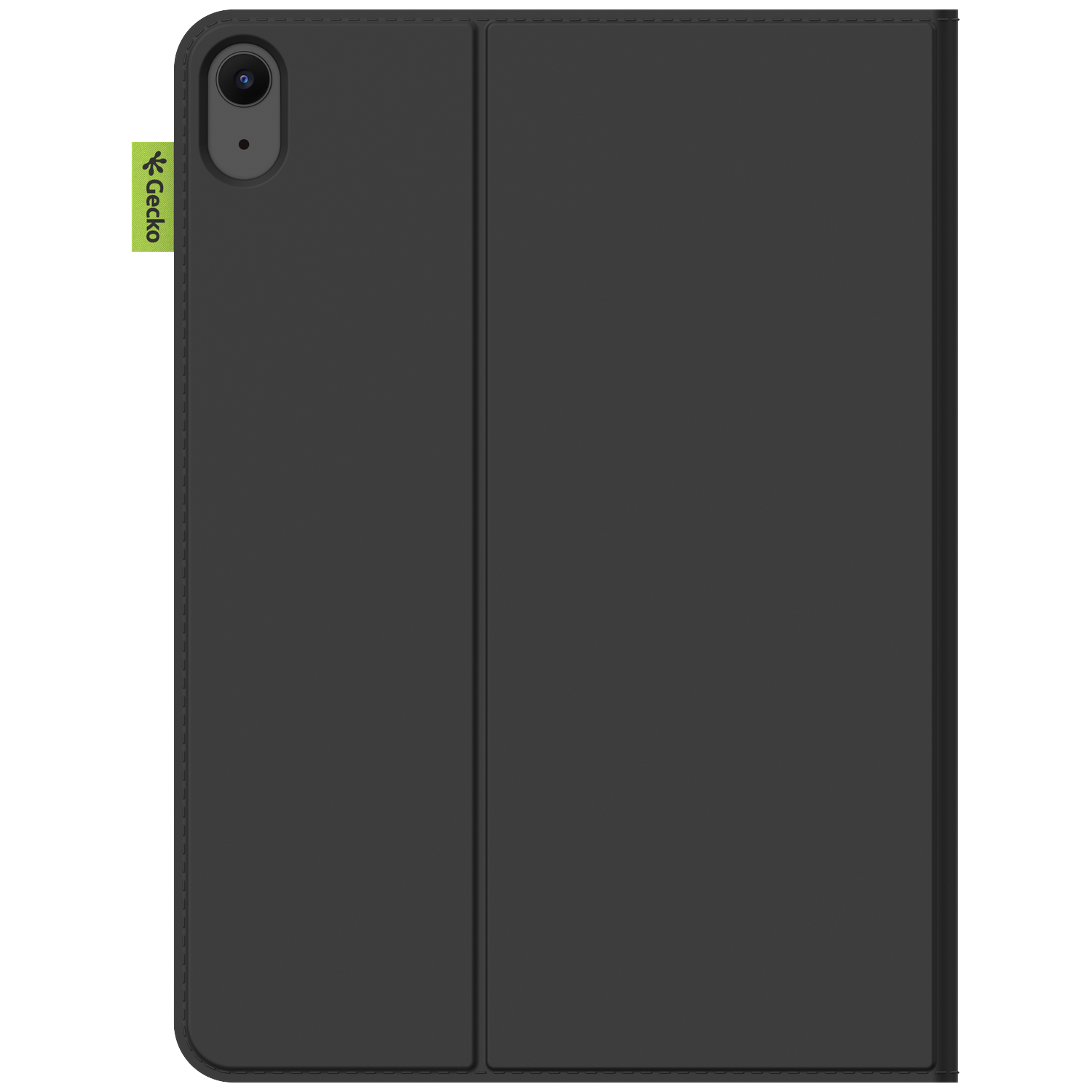 Black tablet case with camera, Gecko tag. The cover is closed and folded. Isolated on white background.