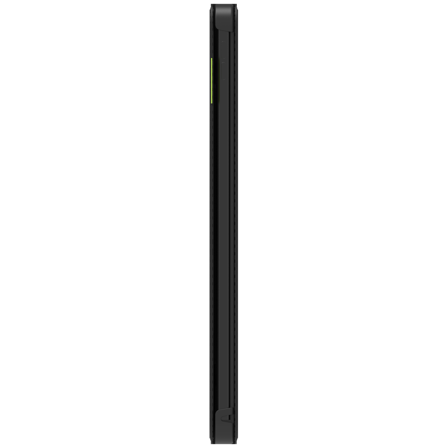 A black rectangular device, possibly a phone, is shown in profile. A thin green line is visible on the side.