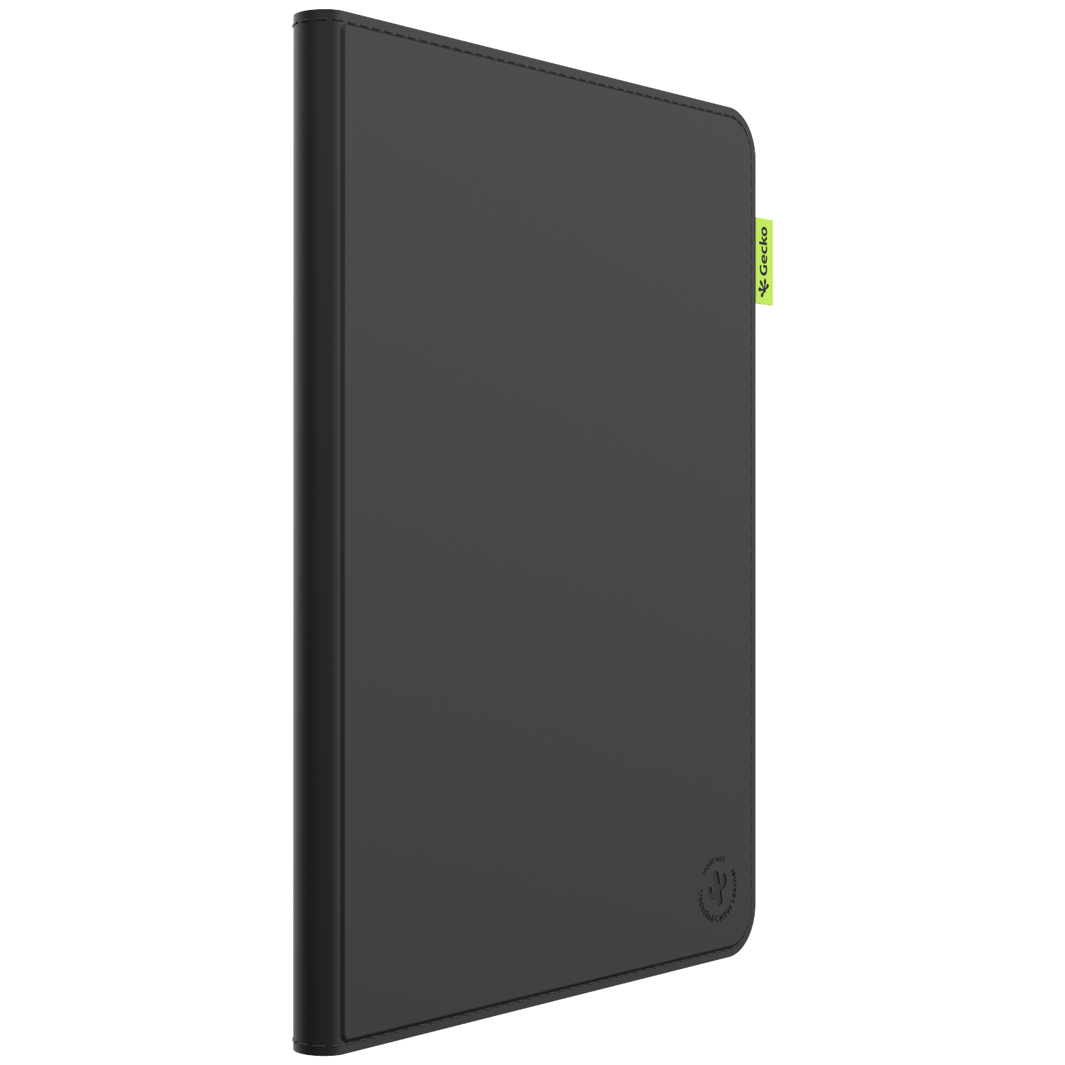 A black tablet case with a green Gecko tag and logo. Made with recycled cactus leather is written on the lower right corner.