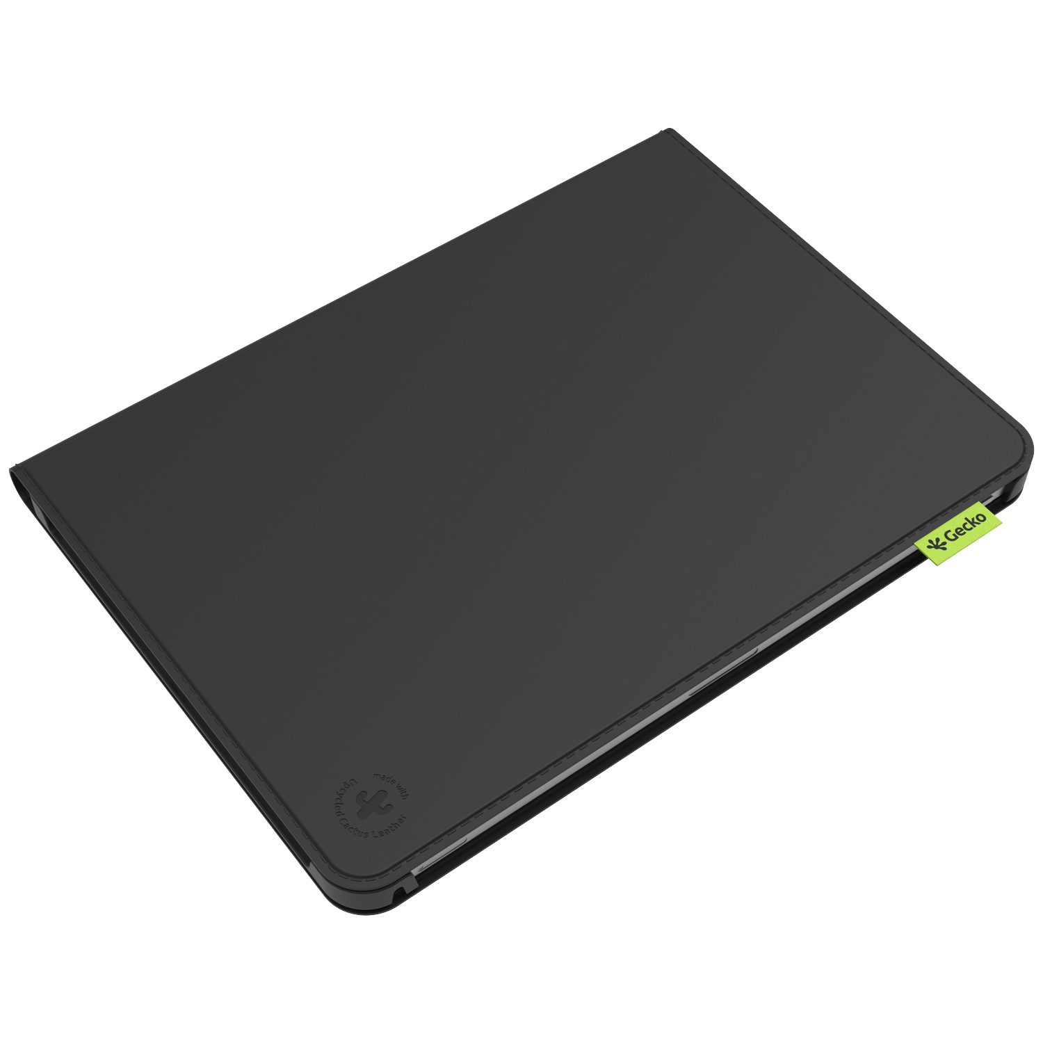 A closed black tablet case, slightly angled. A green Gecko tag is on the right side. The case is made with cactus leather.
