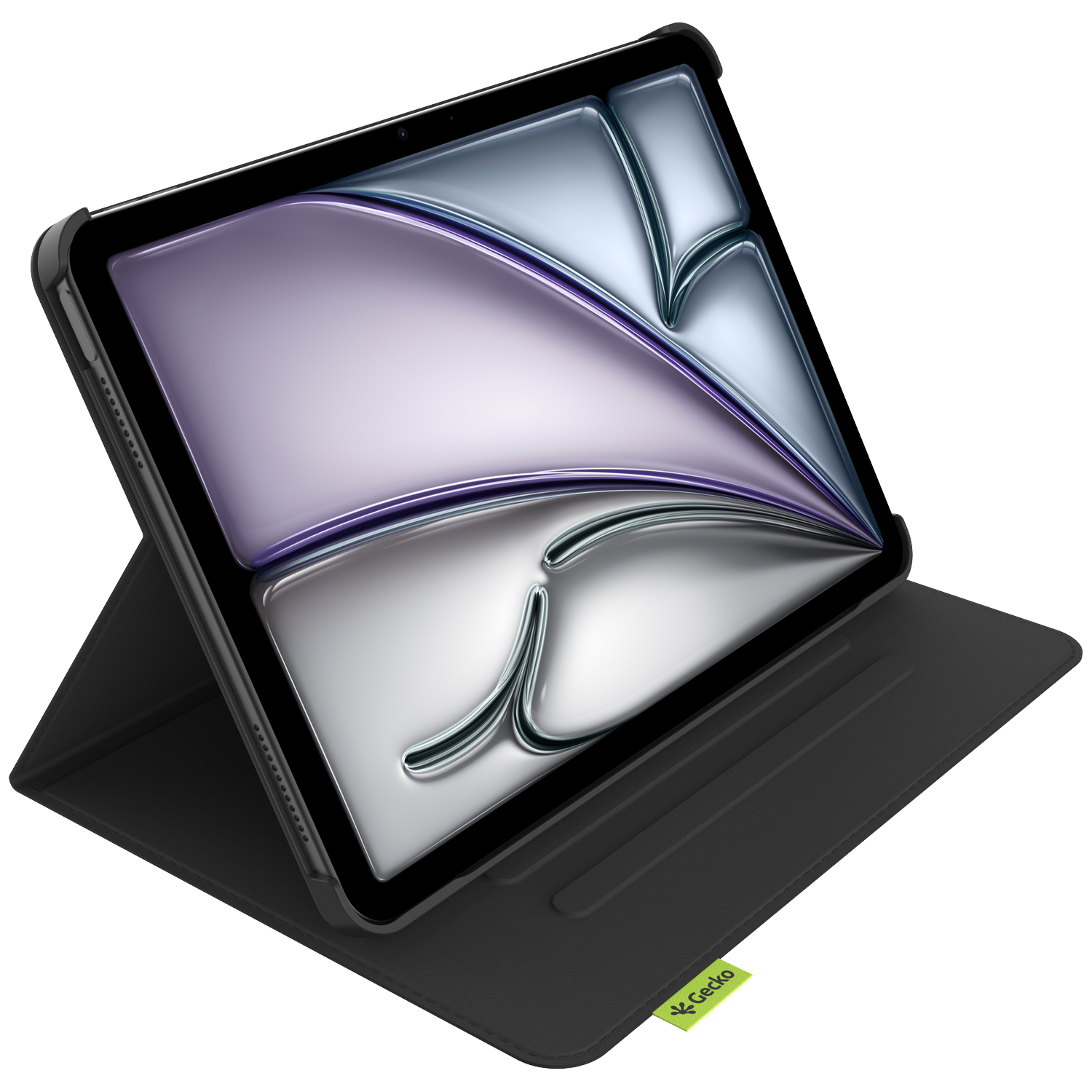 A black tablet in a black case. The screen displays a shiny, abstract design. The case is open, propped up.