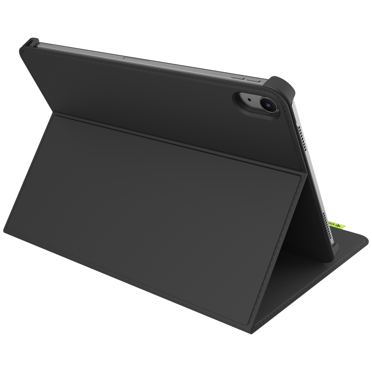 A black tablet in a black case, standing upright. The case is open and angled. The background is white.