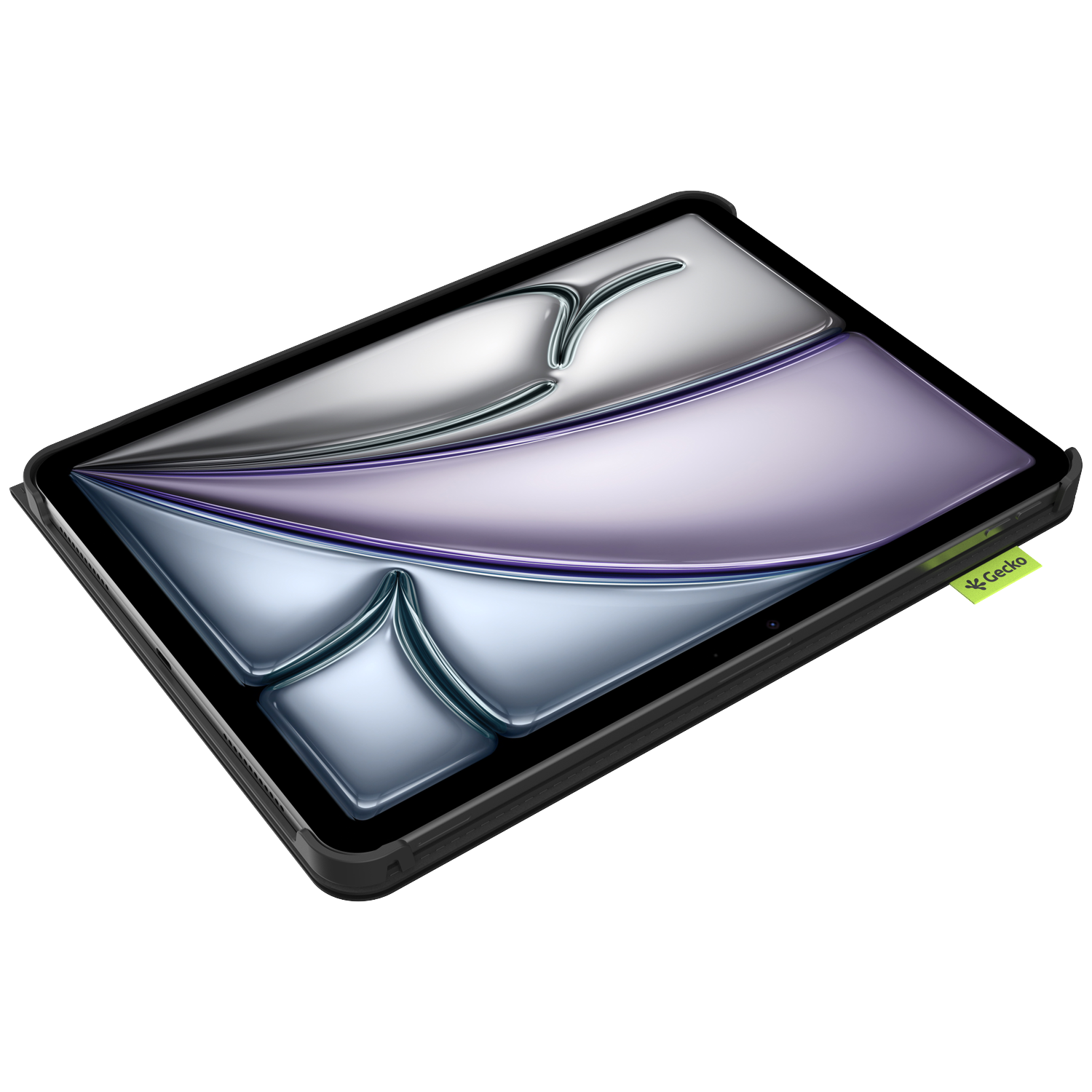 Tablet in black case with a glossy screen protector. The screen has silver and purple design. A green Gecko tag is visible.