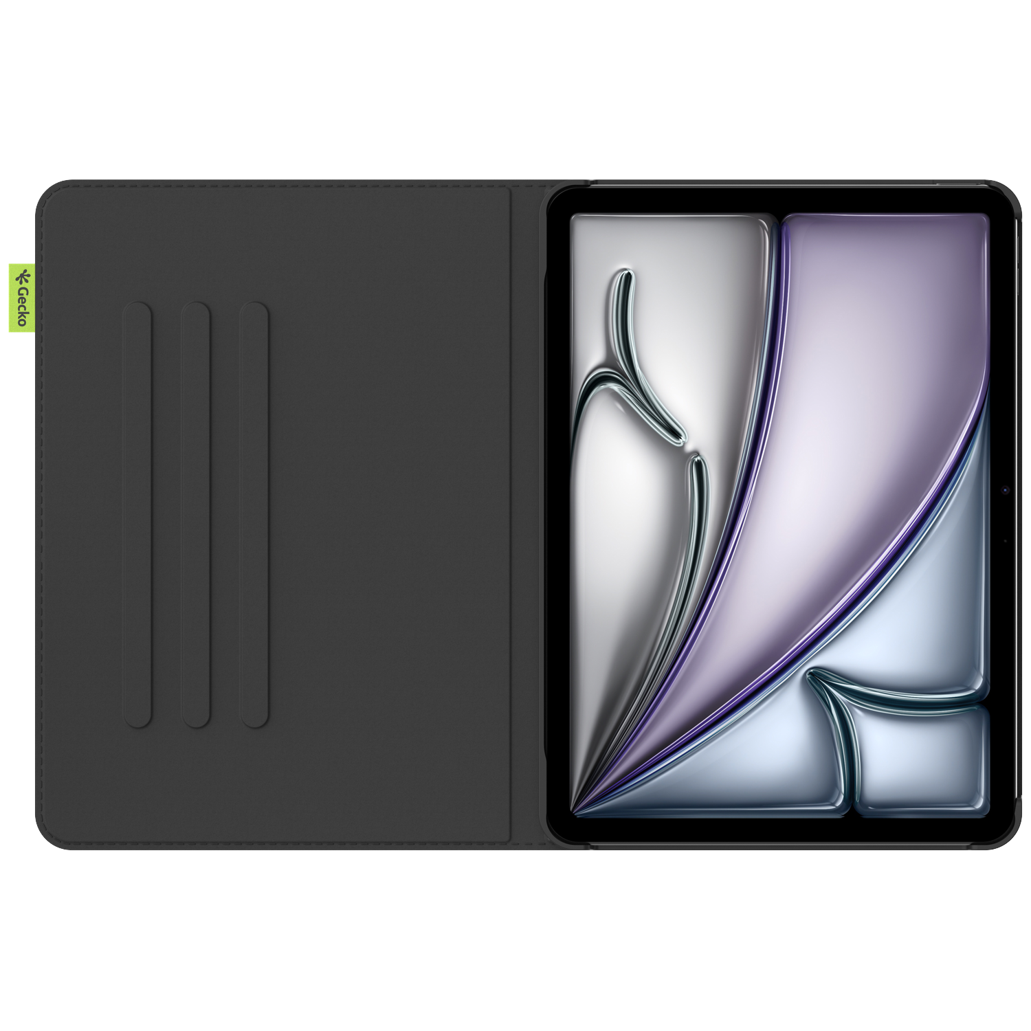 A tablet in a black case, open to reveal the screen. The screen has a reflective design in silver, purple, and blue hues.