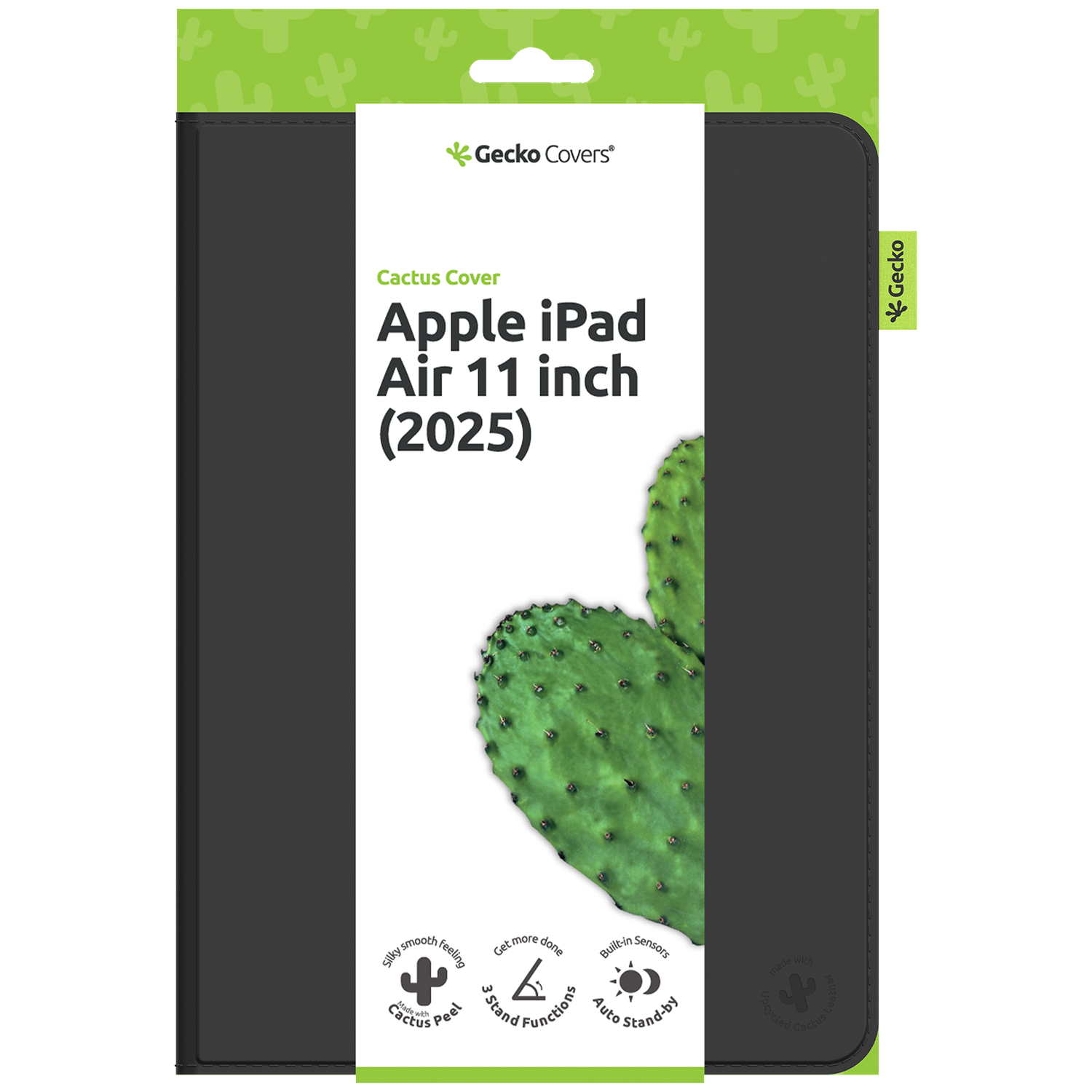 A black iPad cover with a cactus illustration is in a package. The package has branding for Gecko Covers and highlights features.