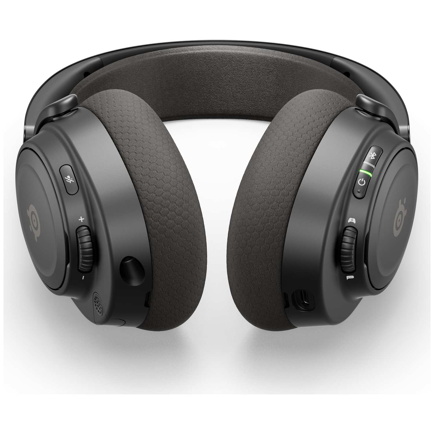 Un casque de jeu noir sur fond blanc. Il présente de larges oreillettes, un bandeau rembourré et des boutons de commande.
