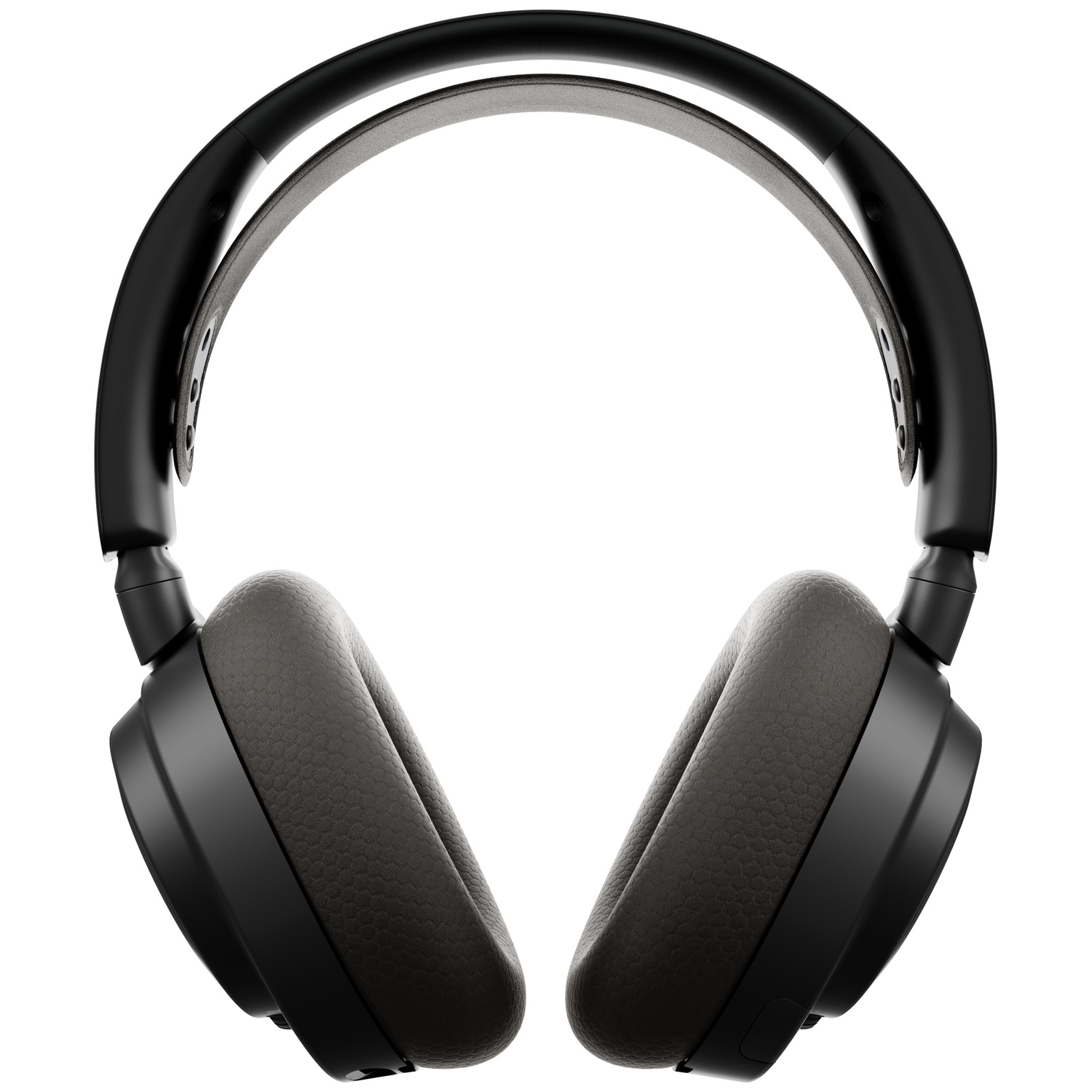 Casque noir sur fond blanc. Le casque a un bandeau et des coussinets rembourrés. Les coussinets sont gris et texturés.