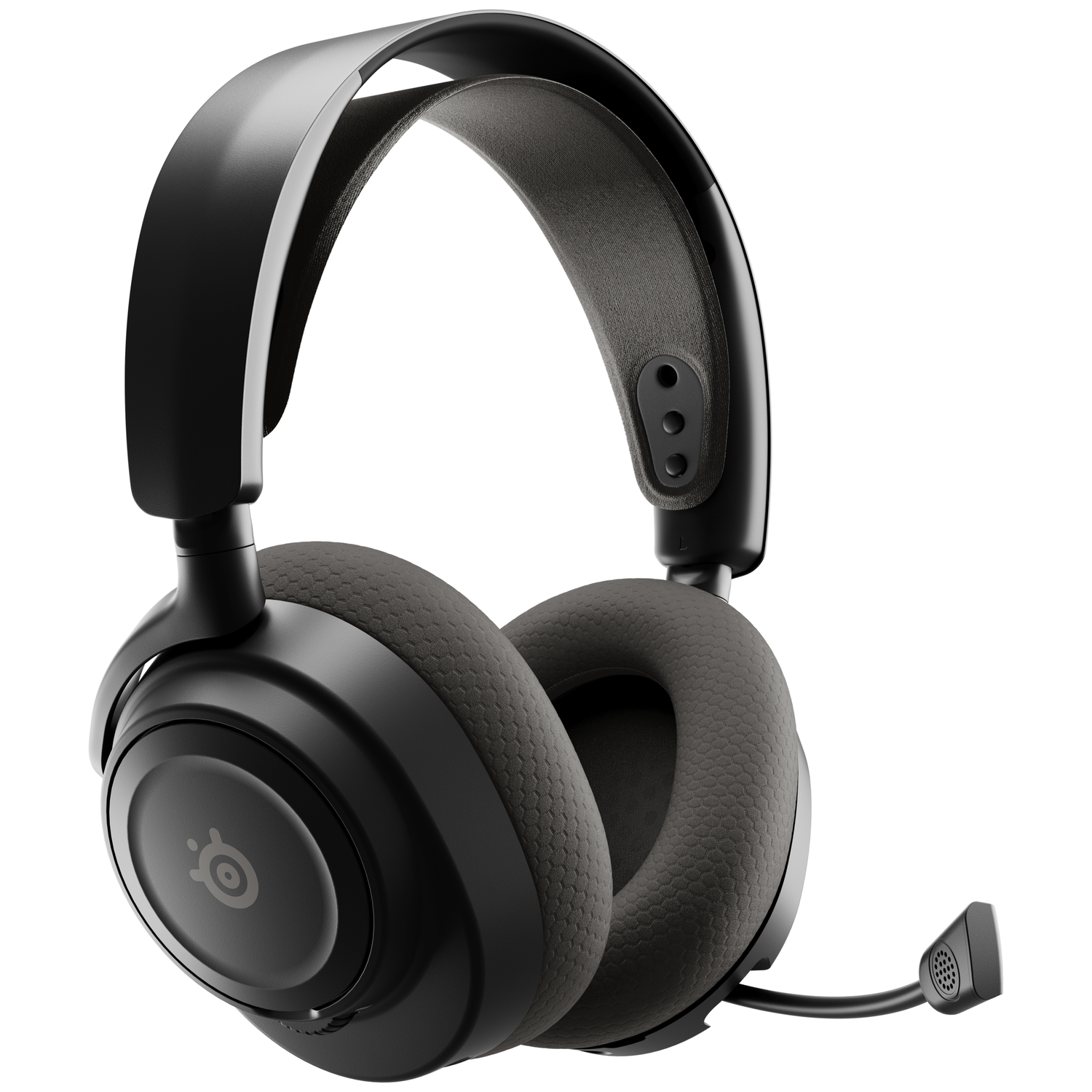 Casque de jeu noir avec oreillettes grises et microphone. Le casque a un logo SteelSeries et est isolé sur fond blanc.