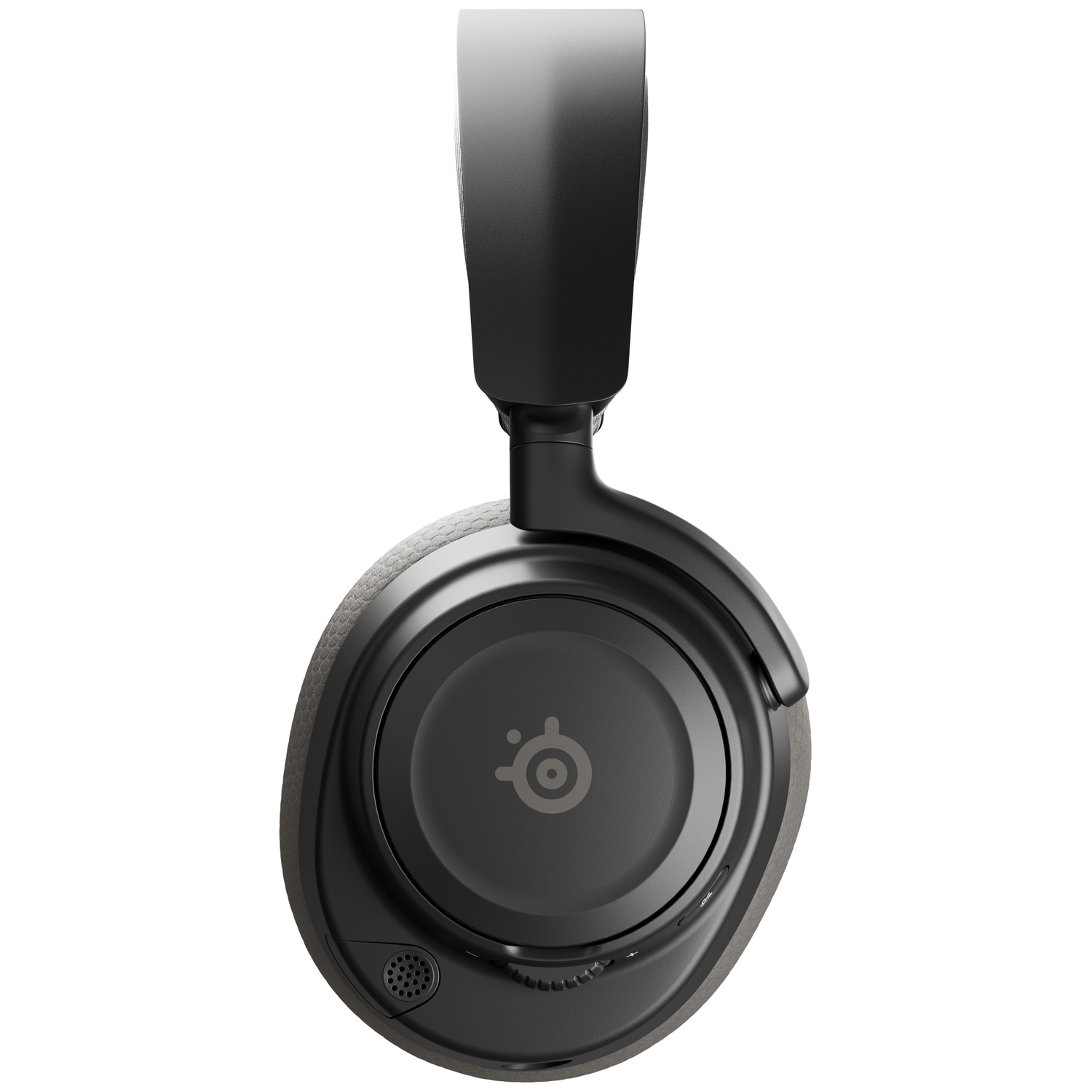 Casque SteelSeries noir isolé sur fond blanc. Le casque a un design d'écouteur rond et un bandeau rembourré.