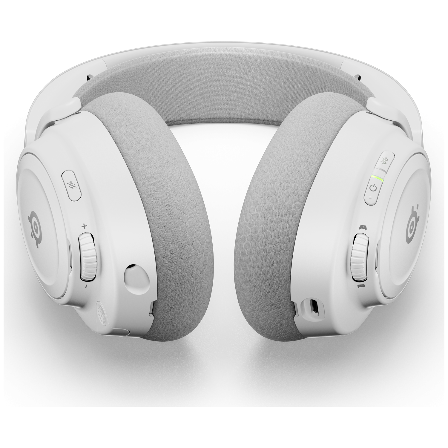 Casque sans fil blanc et gris sur une surface blanche. Les écouteurs sont gris, le bandeau est blanc et gris. Boutons et logos visibles.