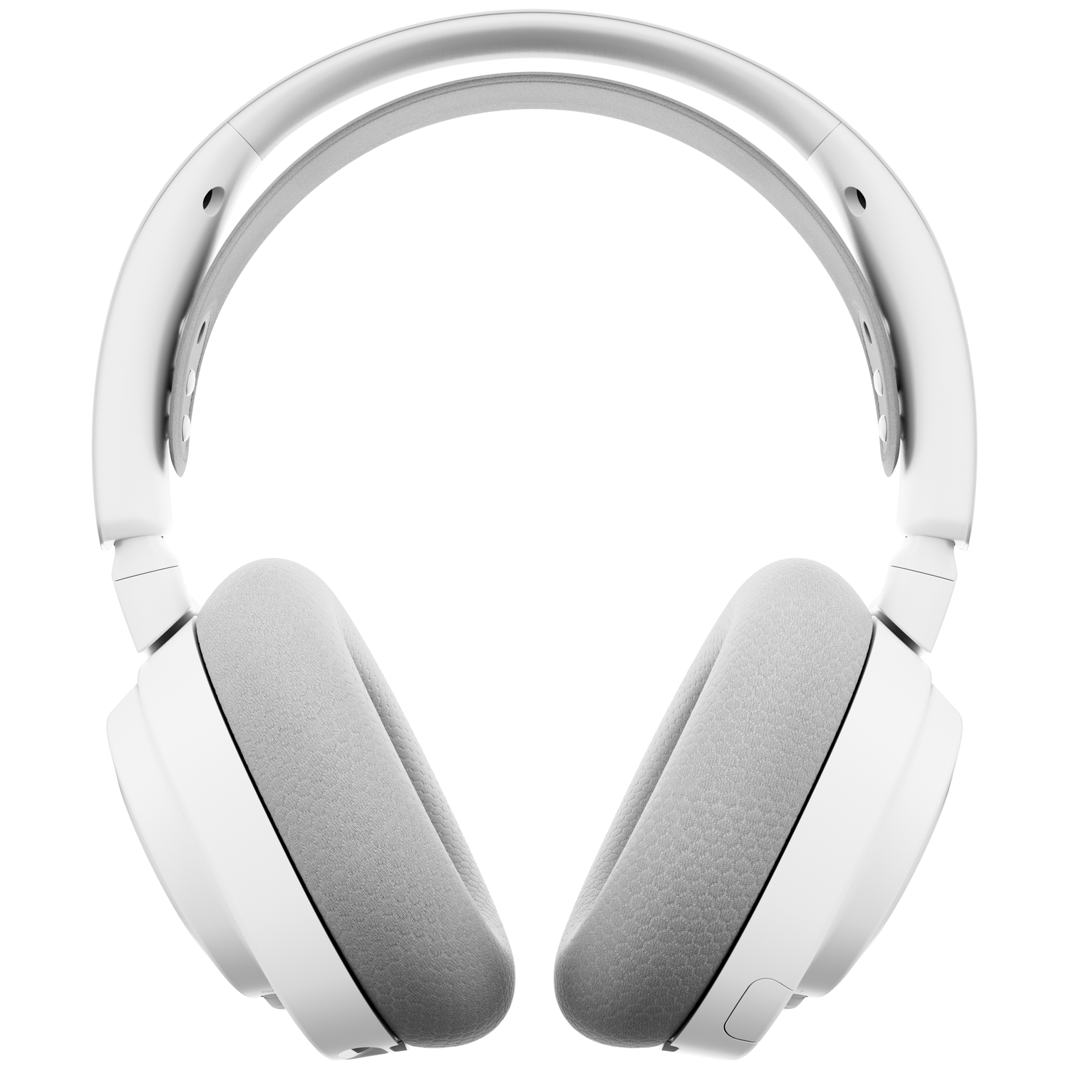 Une paire d'écouteurs blancs circum-auraux avec des coussinets gris et un rembourrage de bandeau est centrée sur un fond blanc.