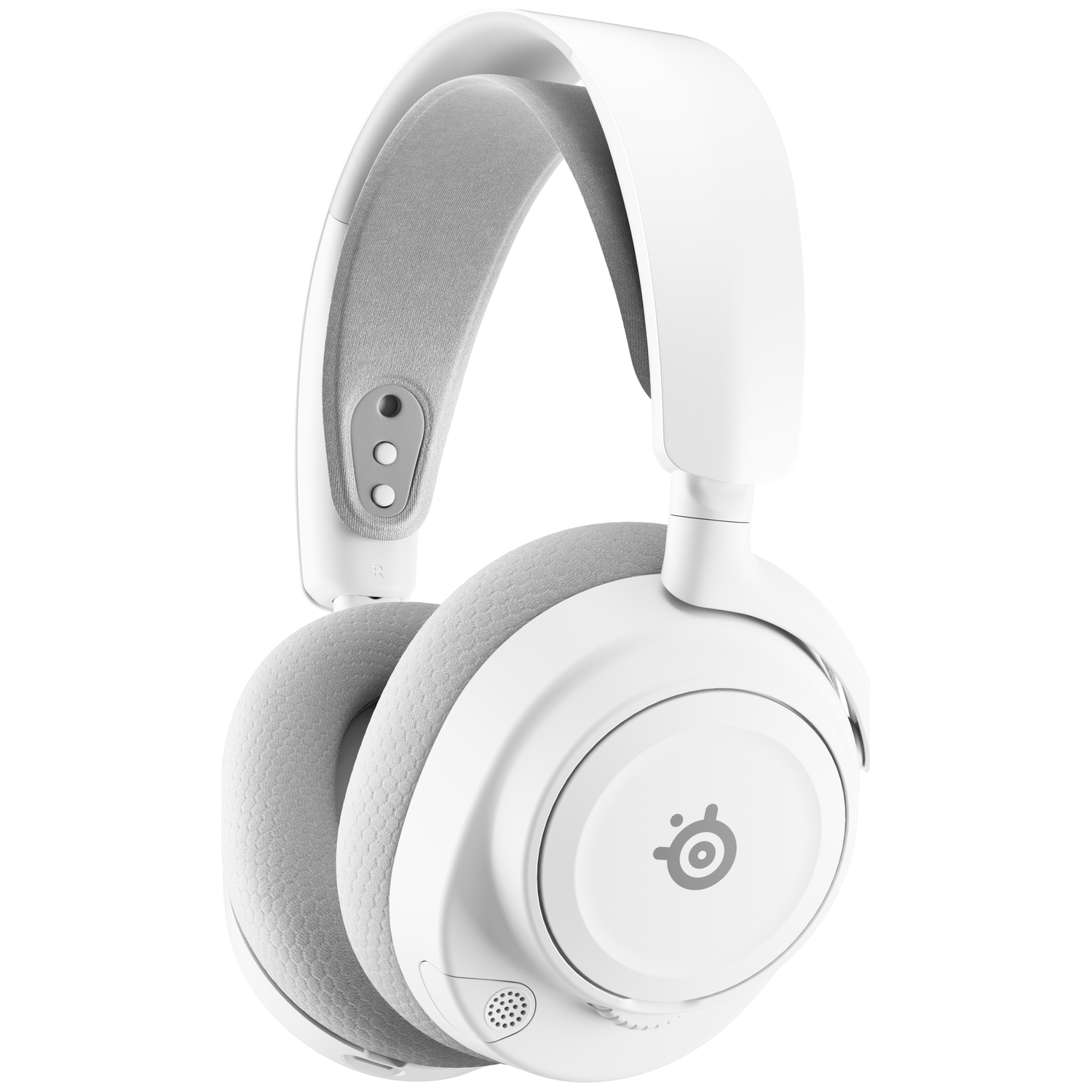 Casque sans fil blanc avec coussinets et rembourrage de bandeau gris. Logo SteelSeries visible sur l'écouteur.