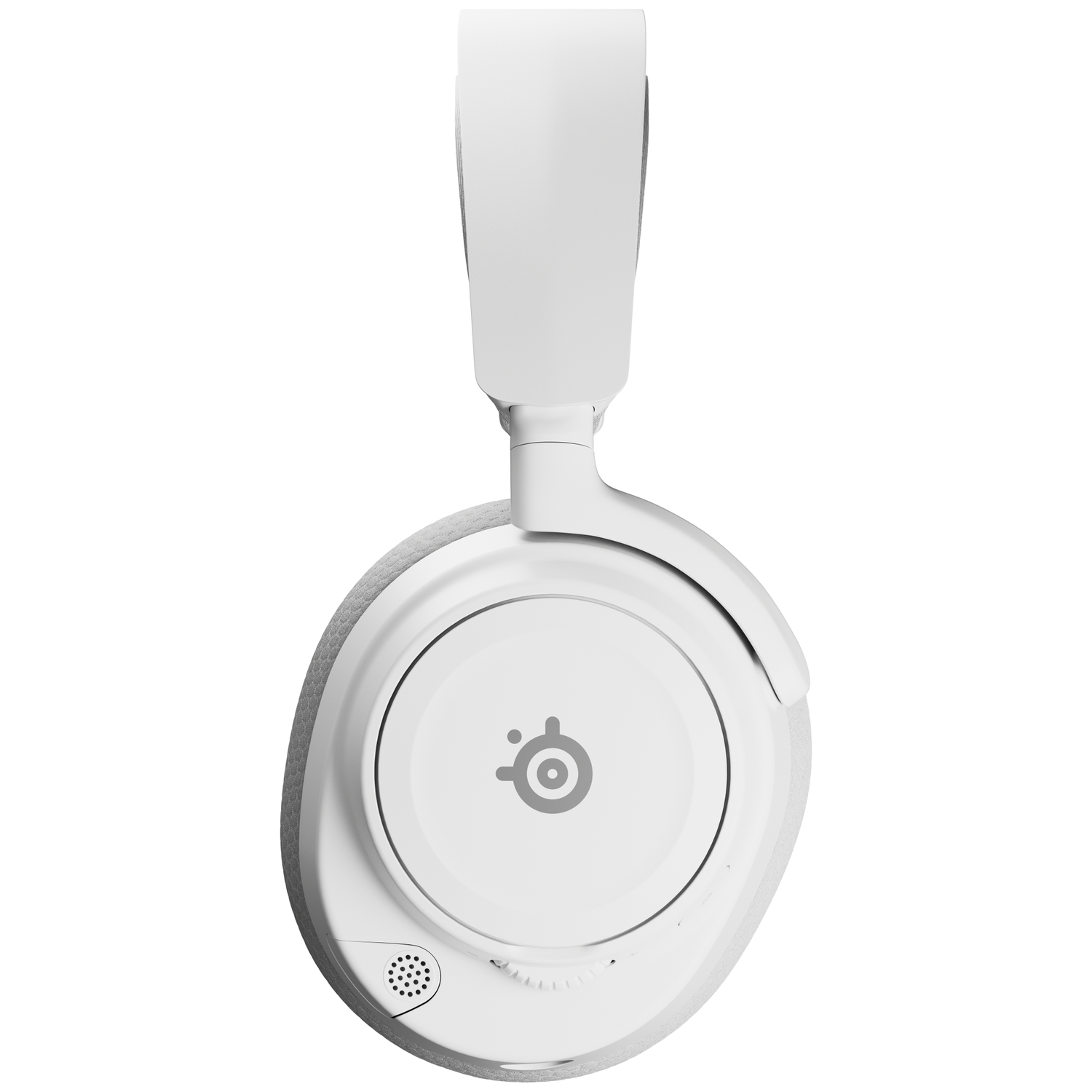 Casque blanc avec coussinets gris, avec un design circulaire et un logo. L'image est sur fond blanc.