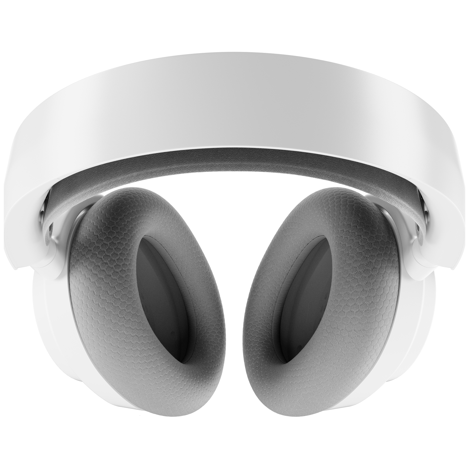 Gros plan d'un casque blanc et gris. Les écouteurs sont gris et l'arceau est blanc. Le fond est blanc.