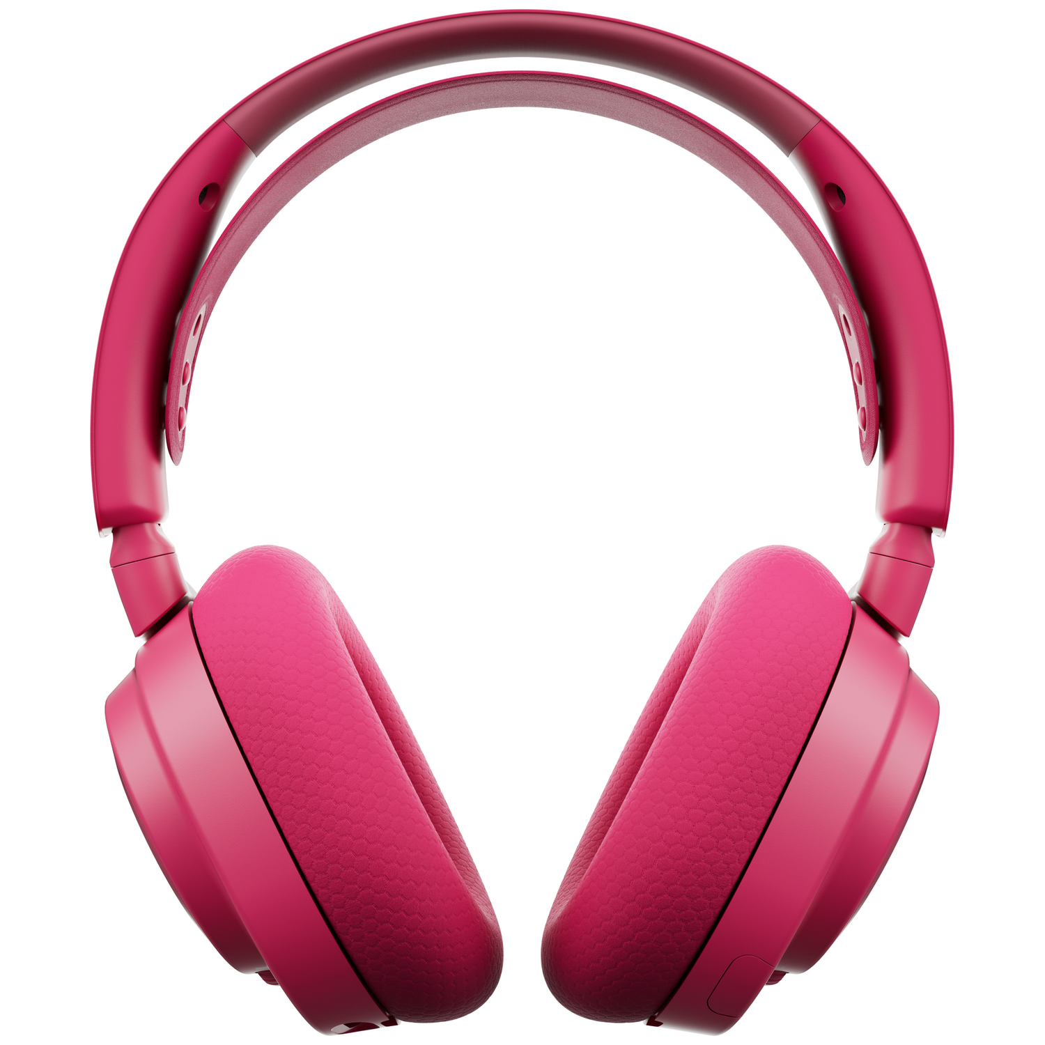 Un casque rose, avec un arceau et des coussinets rembourrés. Les coussinets ont une surface texturée, et le fond est blanc.