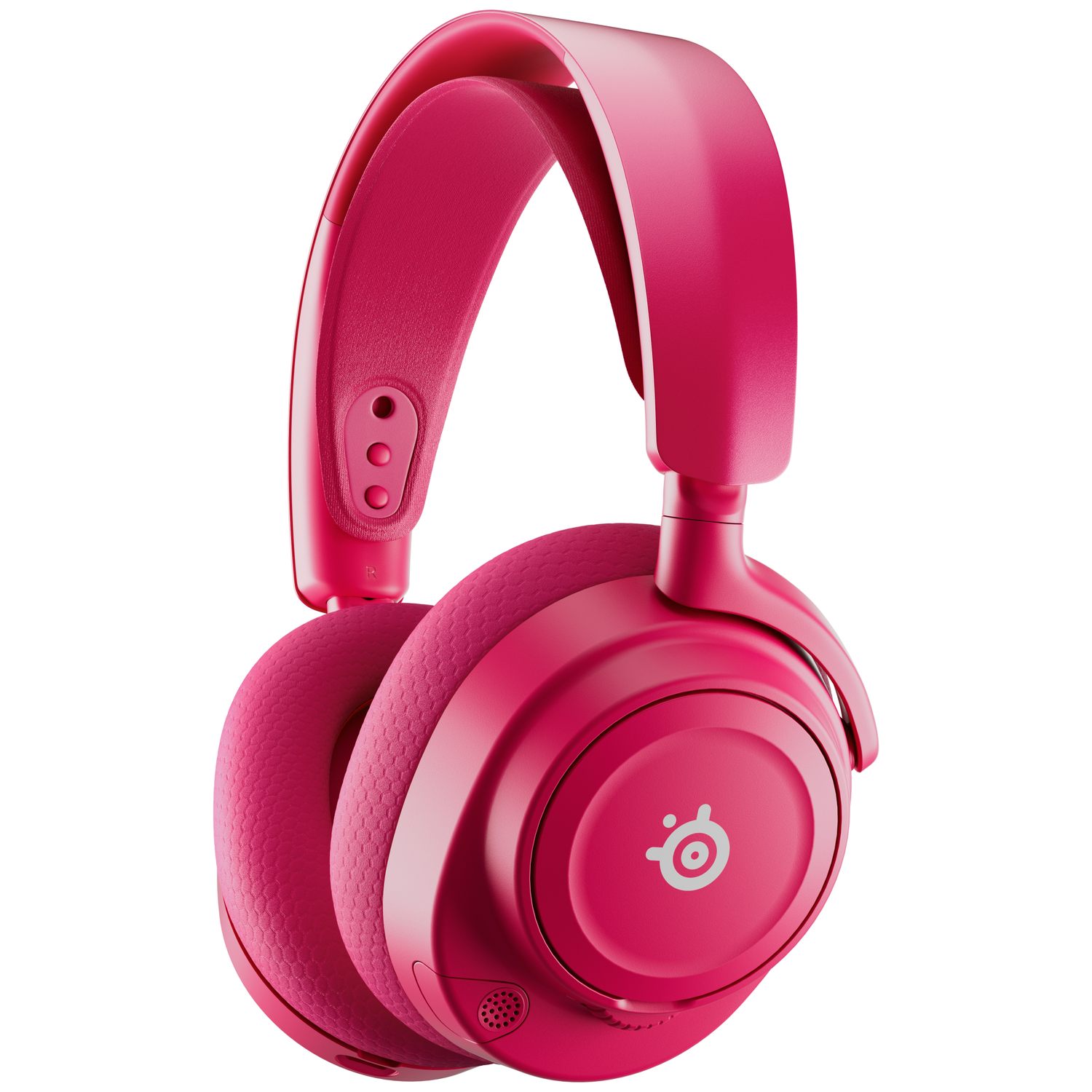 Une paire d'écouteurs roses avec un bandeau et des coussinets rembourrés. Le logo SteelSeries est visible sur l'écouteur. Le fond est blanc.