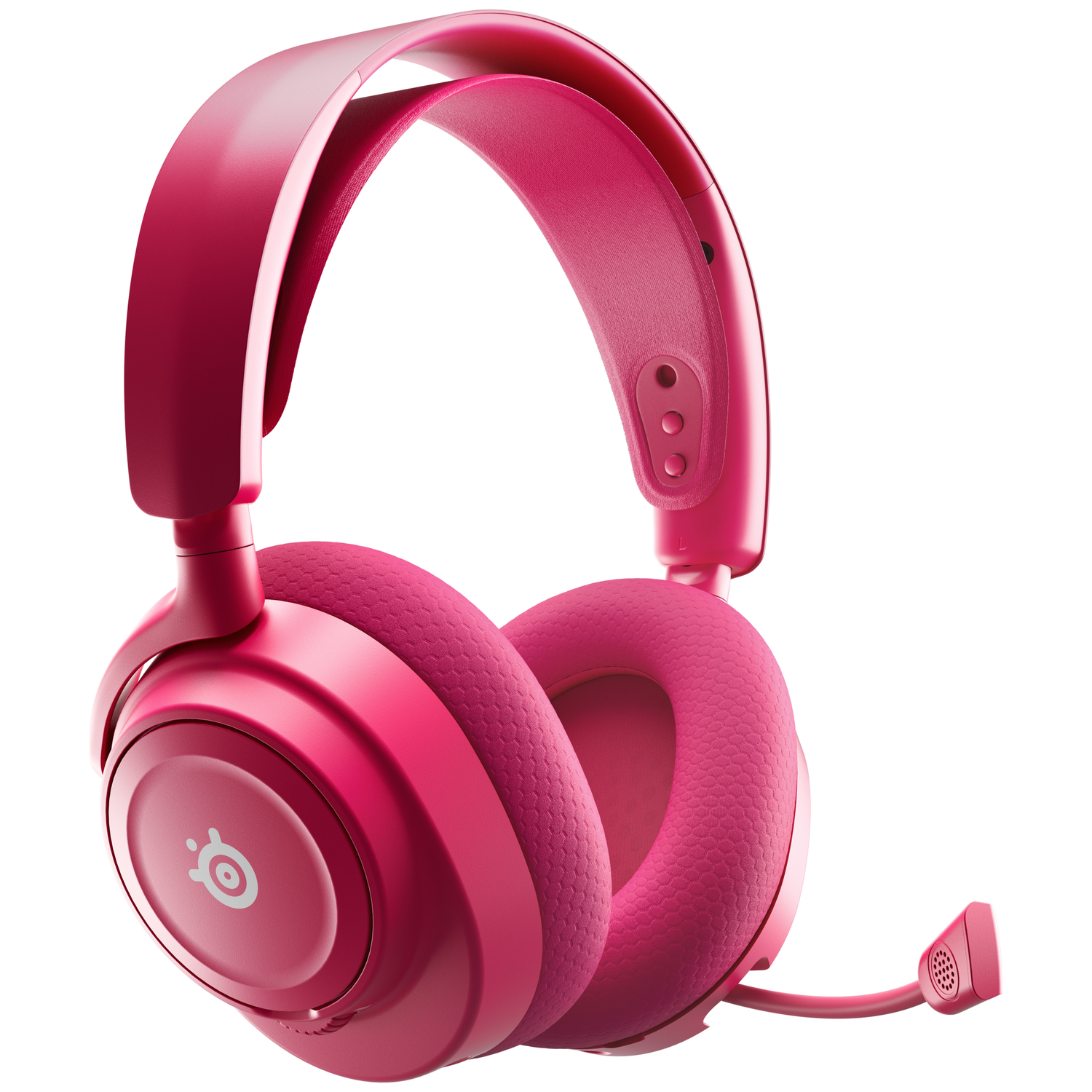 Casque de jeu rose sur fond blanc. Il possède un microphone et le logo SteelSeries. Les oreillettes sont rembourrées.