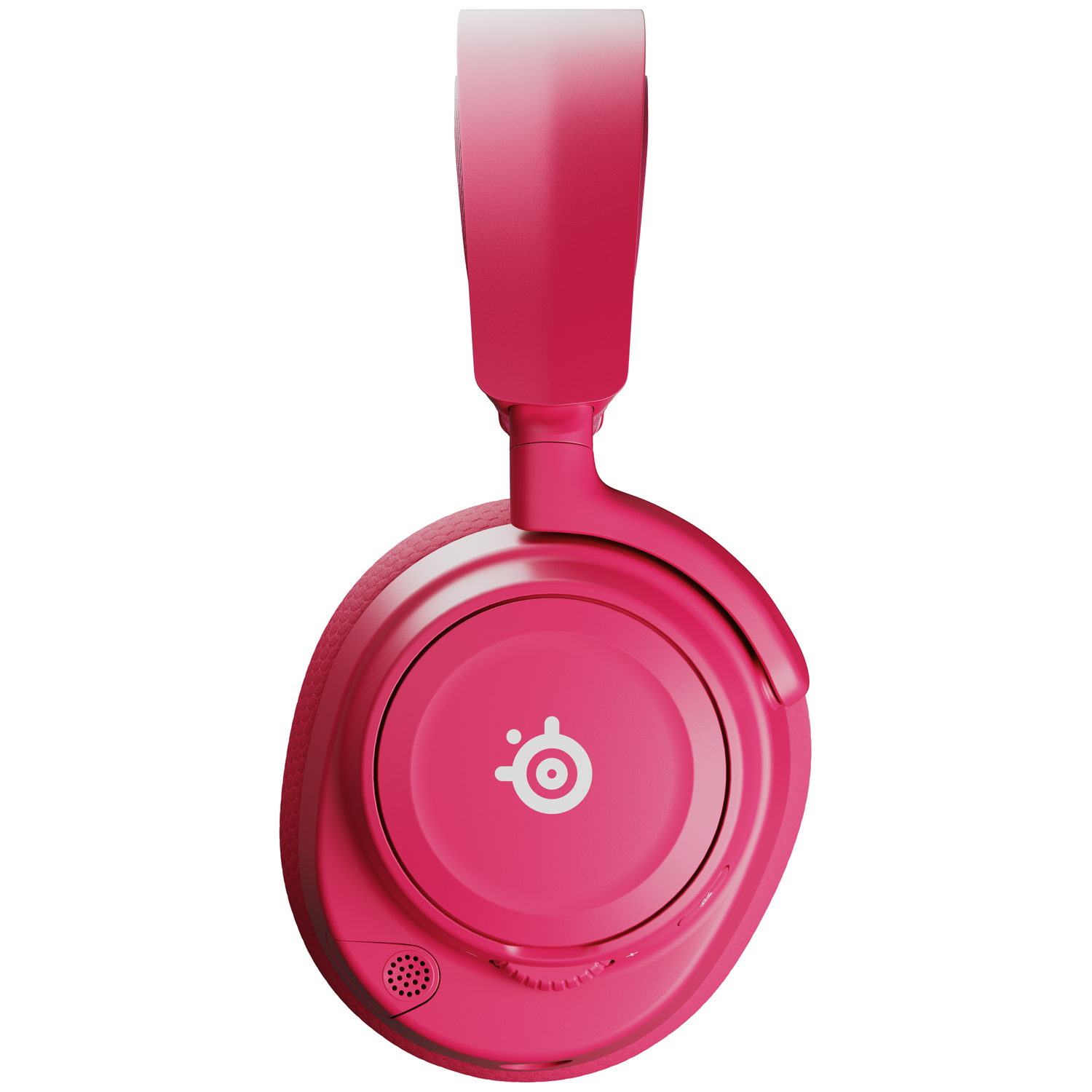 Casque rose sur fond blanc. Il a un écouteur circulaire, un bandeau et un logo SteelSeries.