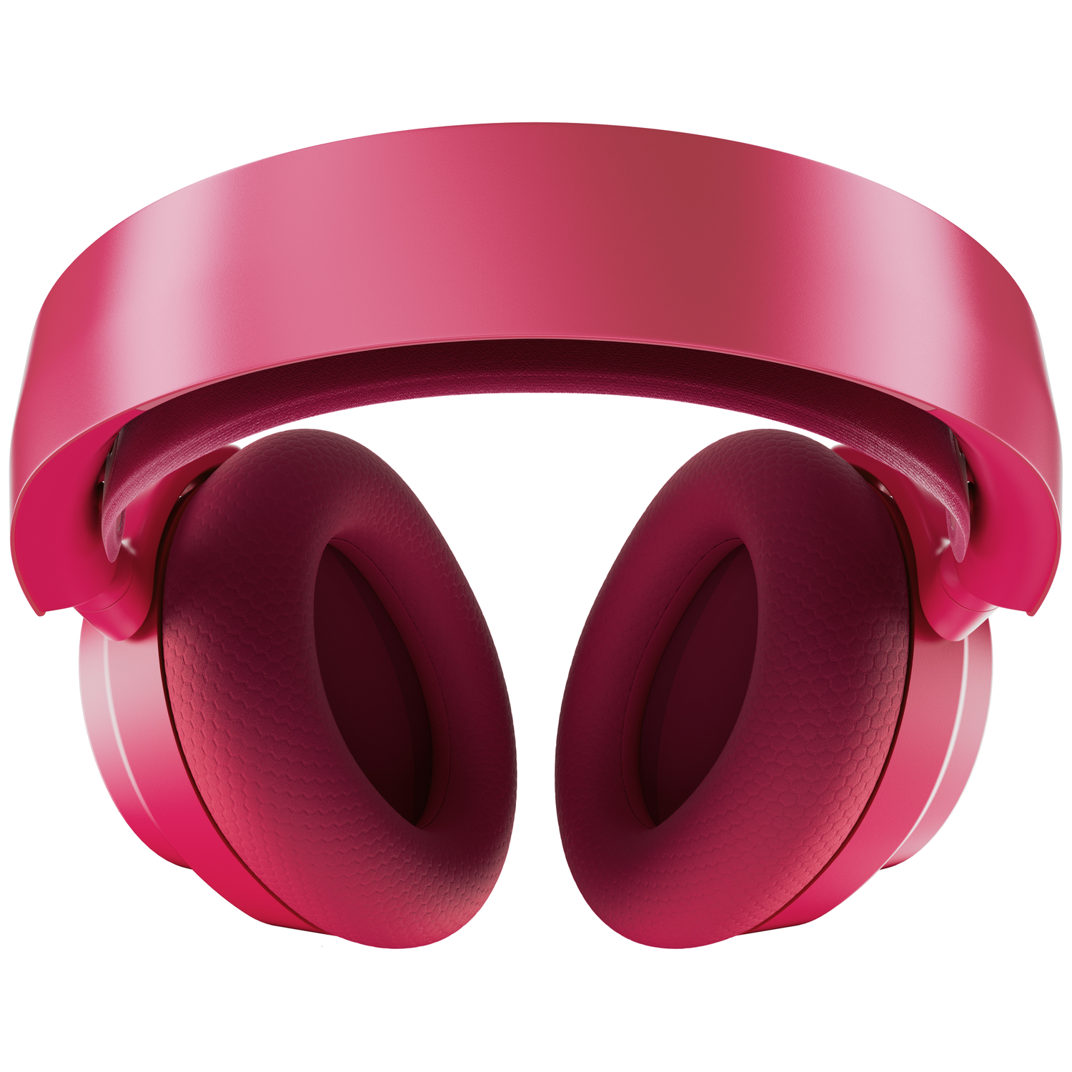 Une paire de casques circum-auriculaires, principalement magenta. Les coussinets sont texturés et l'arceau lisse. Fond blanc.