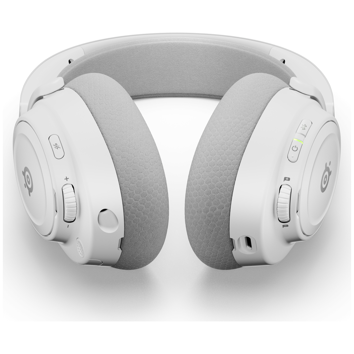 Casque blanc avec coussinets et bandeau gris, boutons et logo visibles. Isolé sur fond blanc, ombre en dessous.