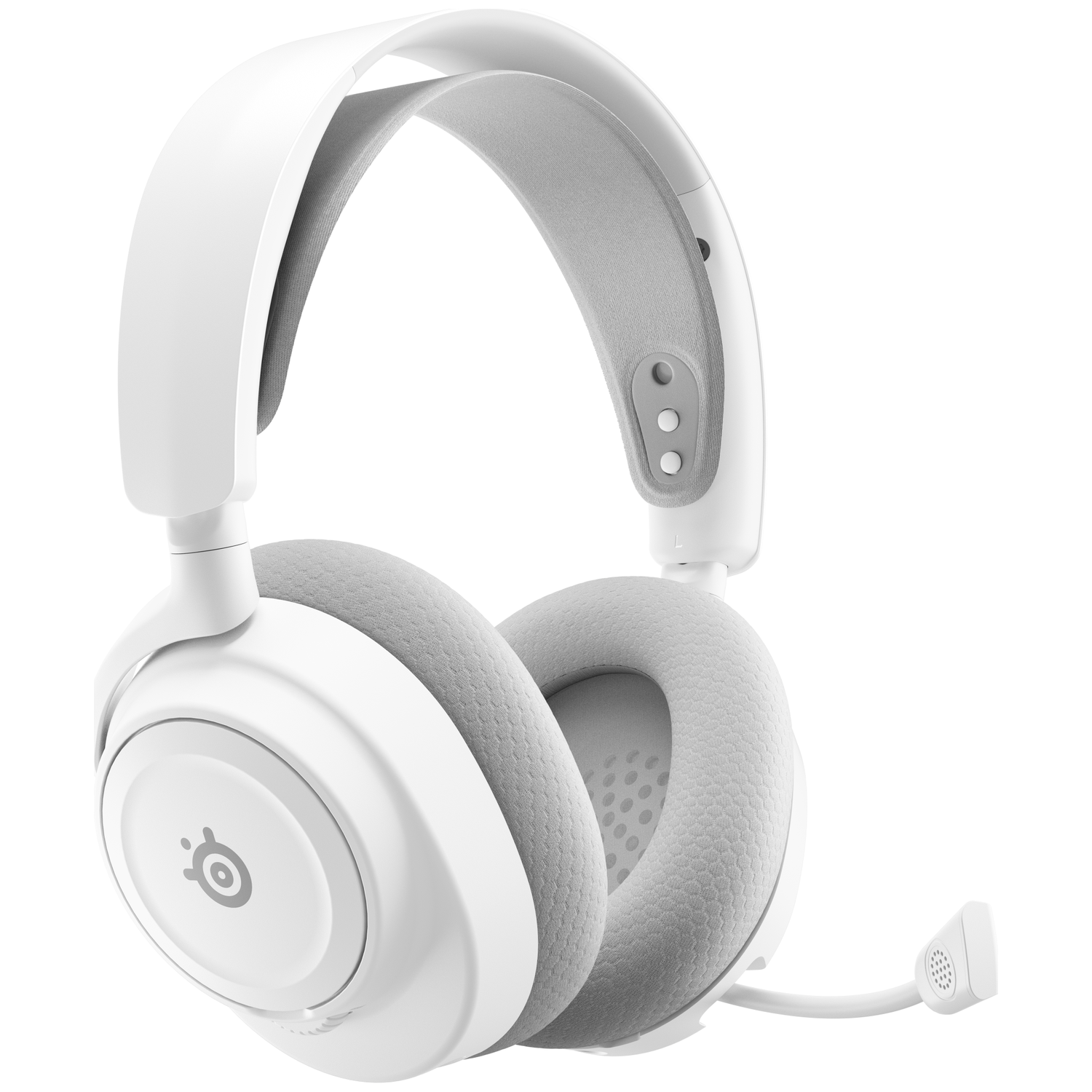 Casque de jeu blanc avec coussinets et rembourrage de bandeau gris. Un microphone s'étend de l'écouteur gauche. Le logo SteelSeries est visible.