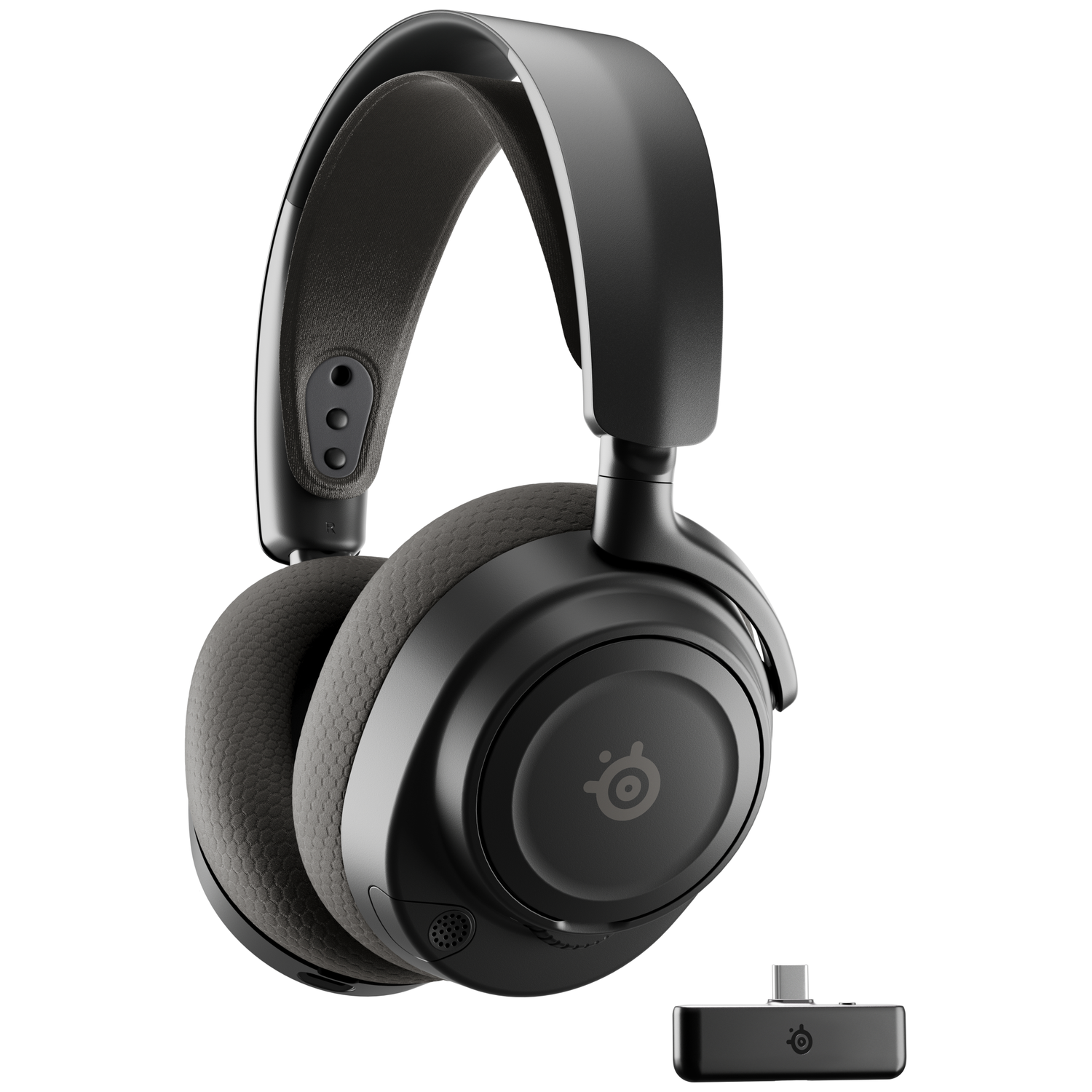Casque sans fil noir avec un dongle USB-C assorti. Le casque est sur fond blanc.