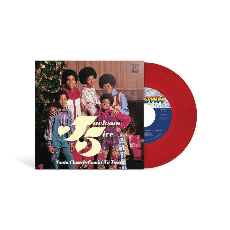 Albumcover von The Jackson 5, mit roter Schallplatte. Titel lautet 'Santa Claus Is Comin' To Town'. Die Gruppe trägt festliche Kleidung.